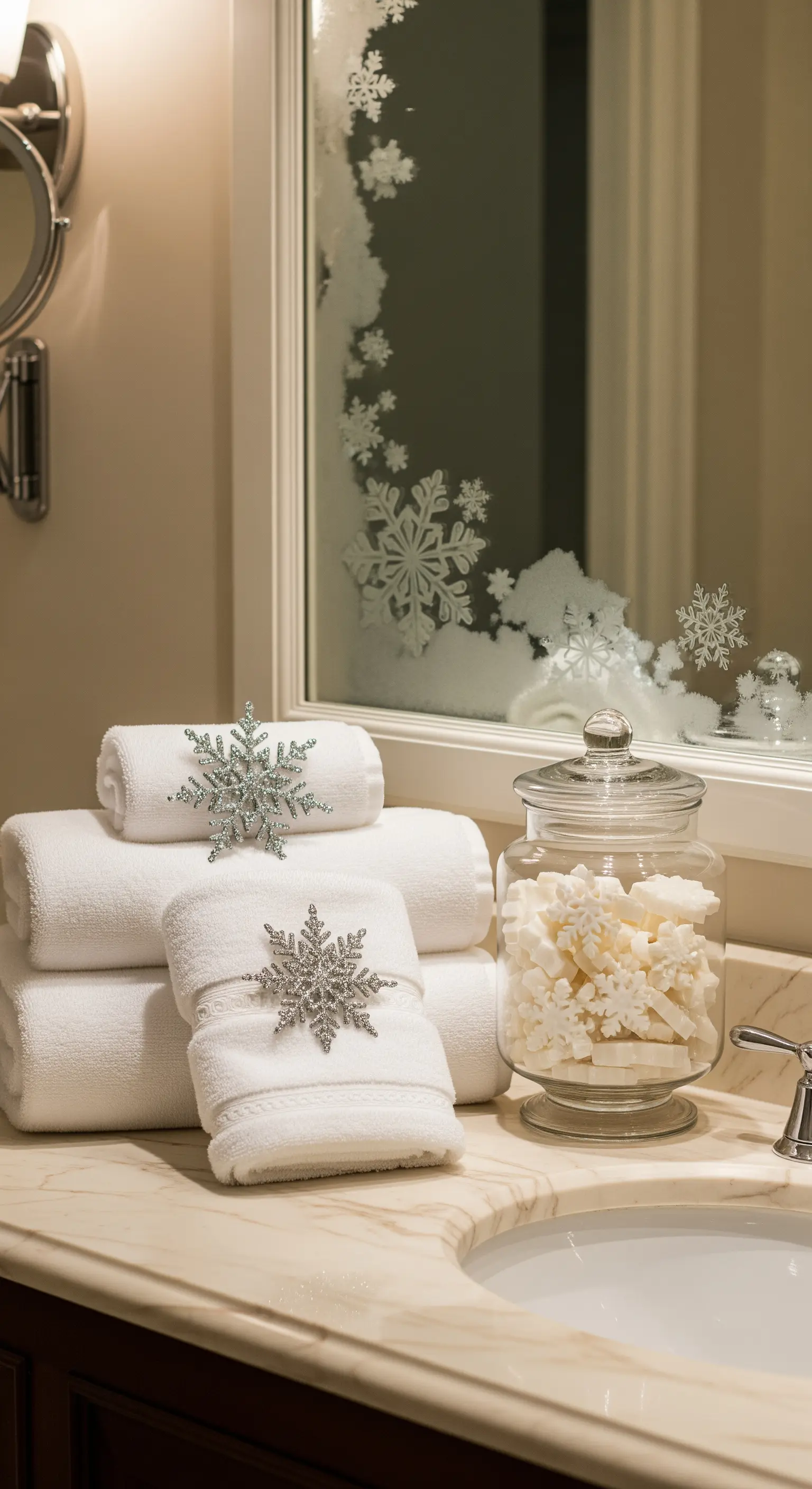 Badezimmer mit Schneeflocken-Stickern auf dem Spiegel, weißen Handtüchern und Schneeflocken-Seife