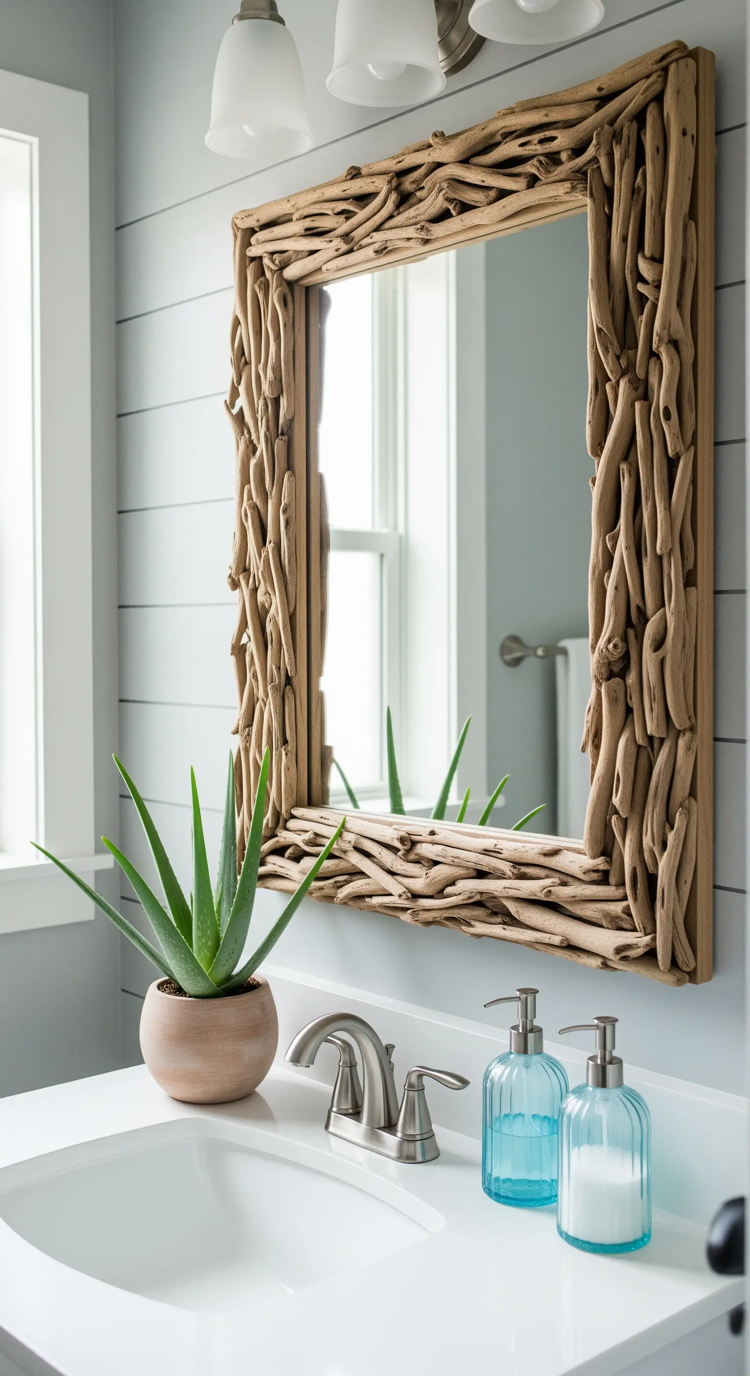 Badezimmer mit Treibholz-Spiegel, Aloe Vera und blauen Seifenspendern.