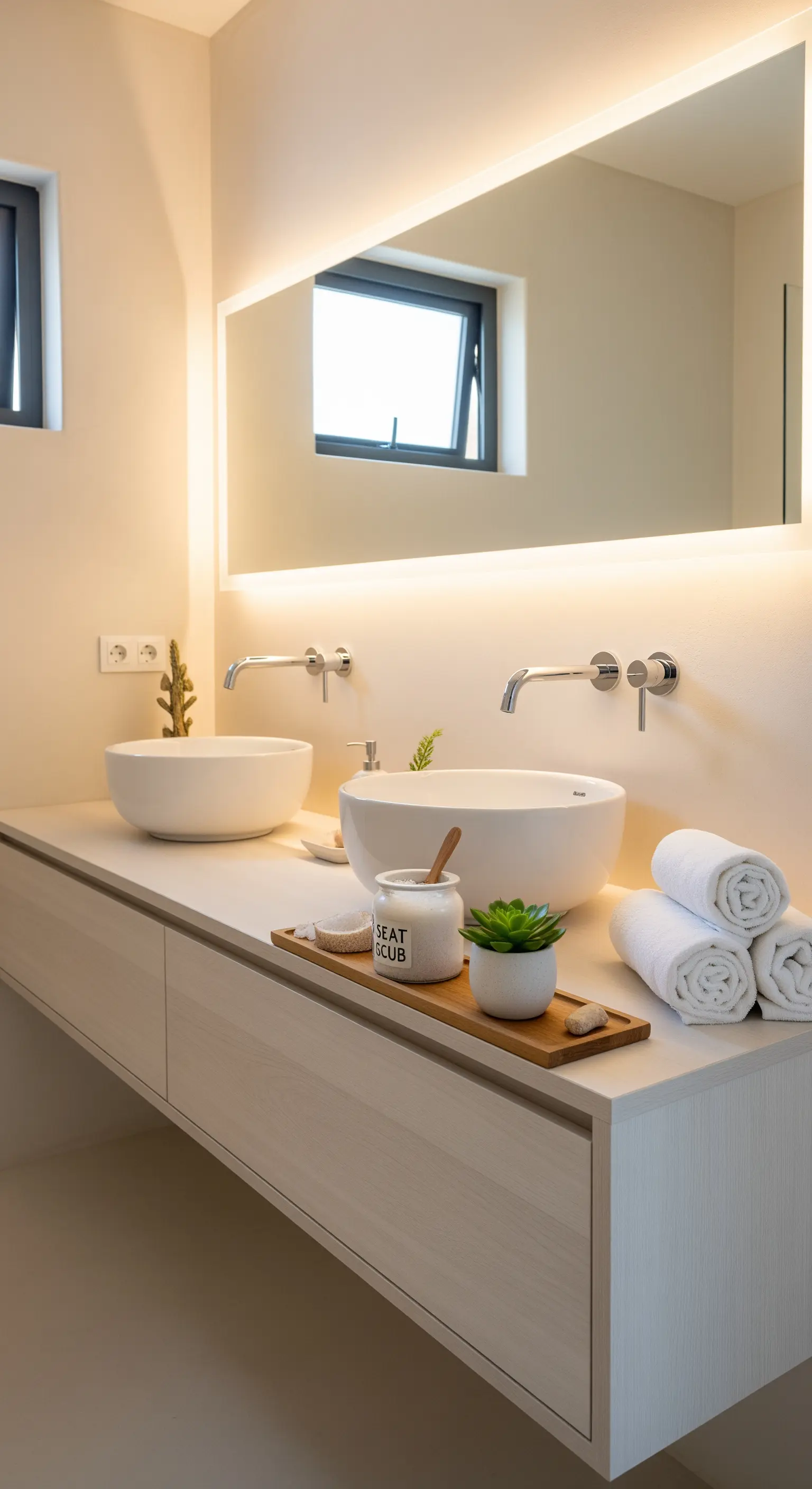 Hinterleuchteter Spiegel, maritime Baddetails, Doppelwaschtisch