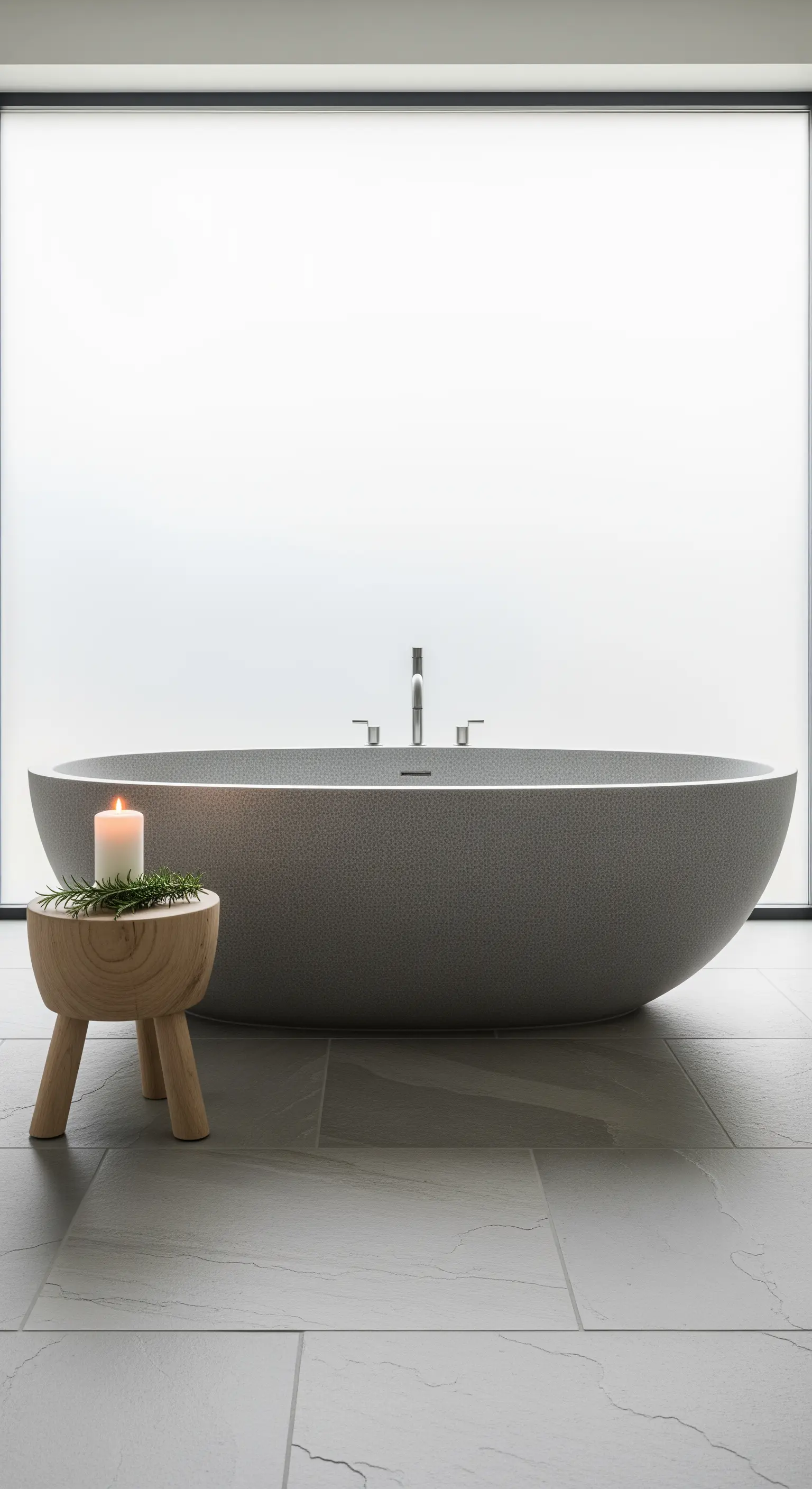 Minimalistisches Badezimmer mit freistehender Badewanne, Holzhocker und Kerze.