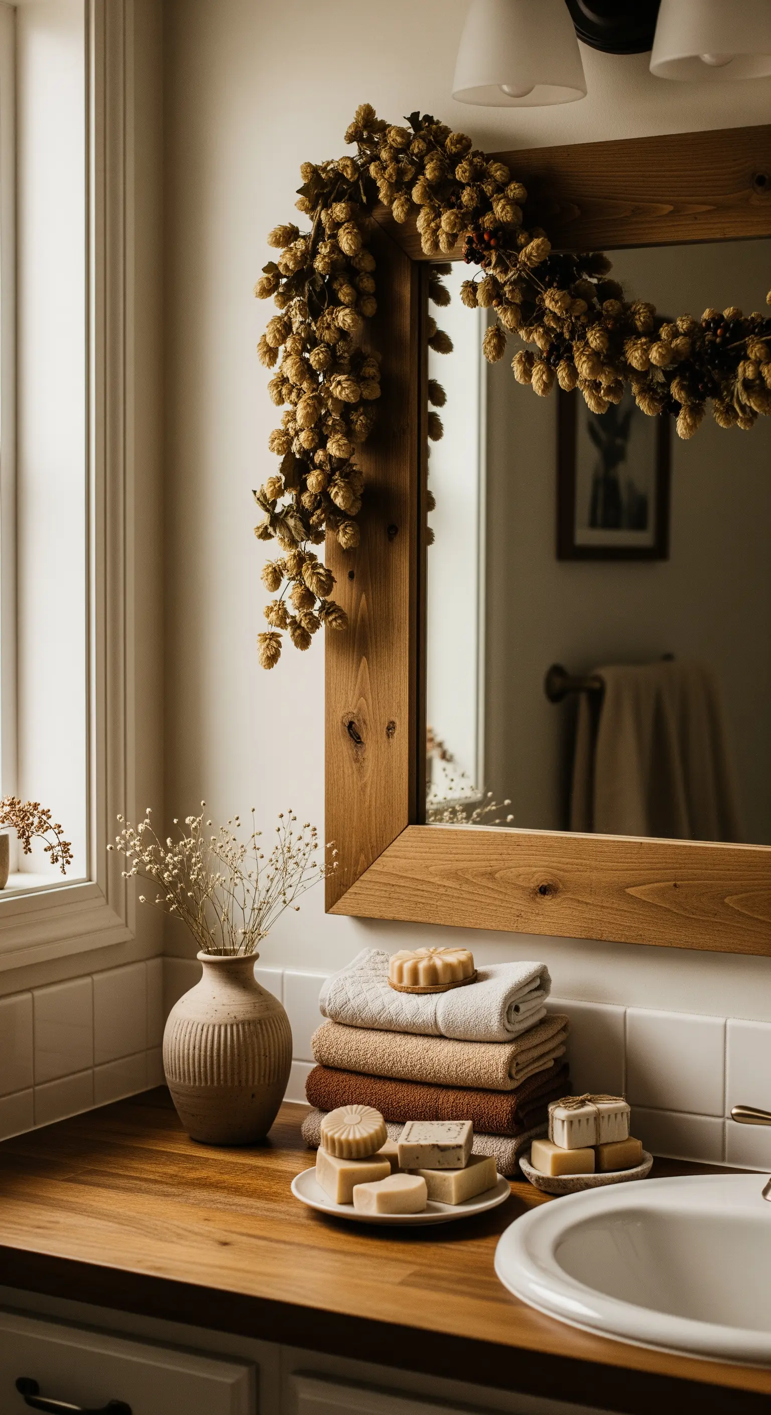 Badezimmer Deko, getrockneter Hopfenkranz, Naturtöne