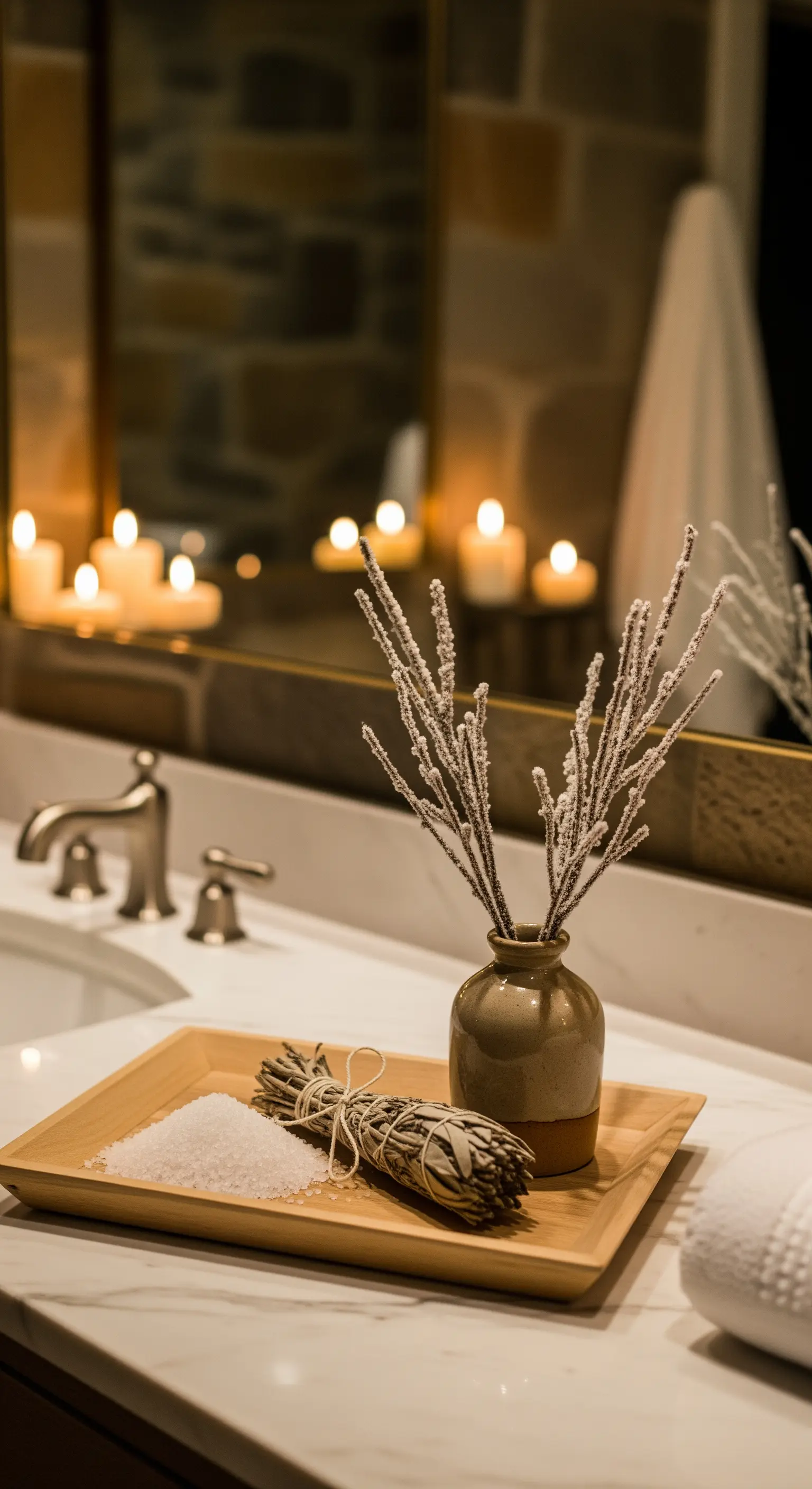 Badezimmer-Deko mit Badesalz, Salbei und gefrosteten Zweigen auf Bambustablett, Kerzen im Hintergrund