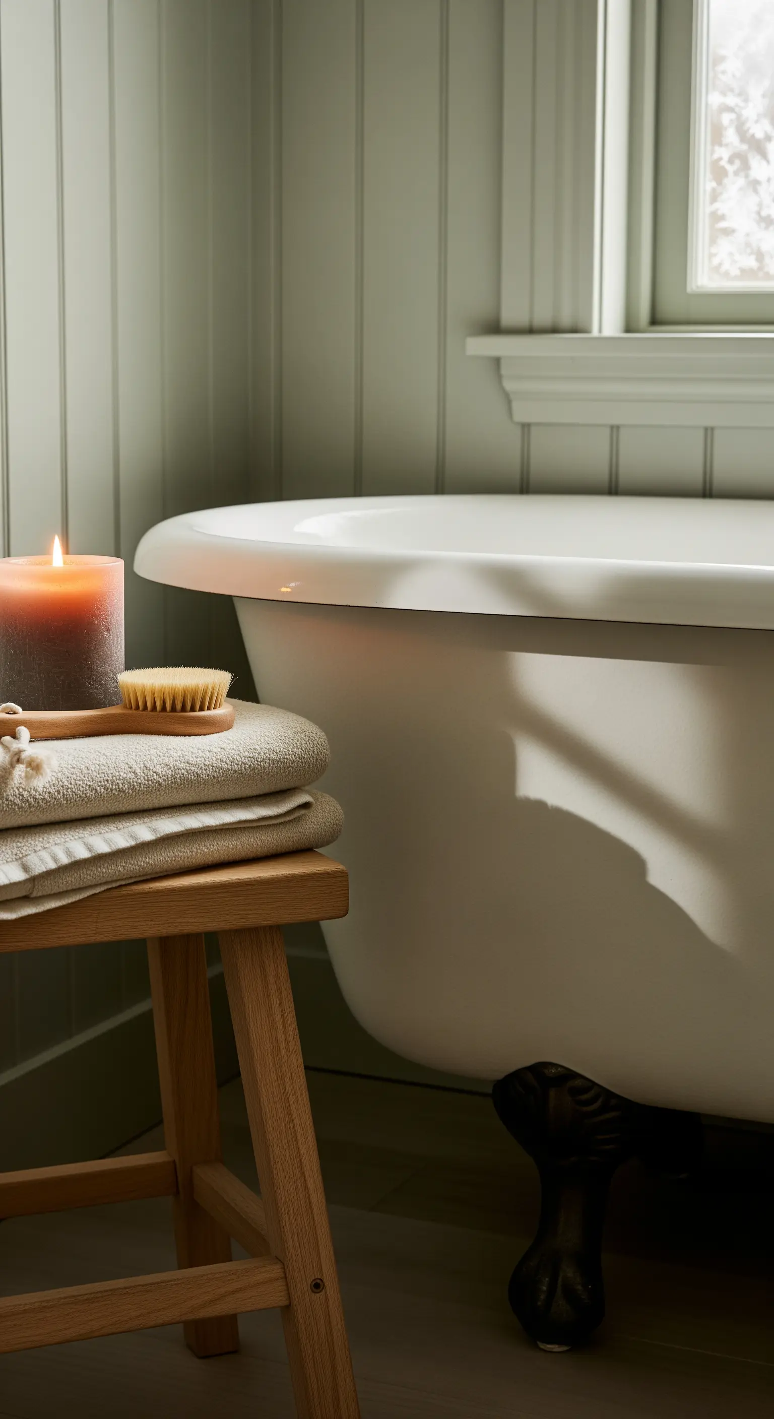 Badewanne, Holzhocker, Handtücher, Kerze
