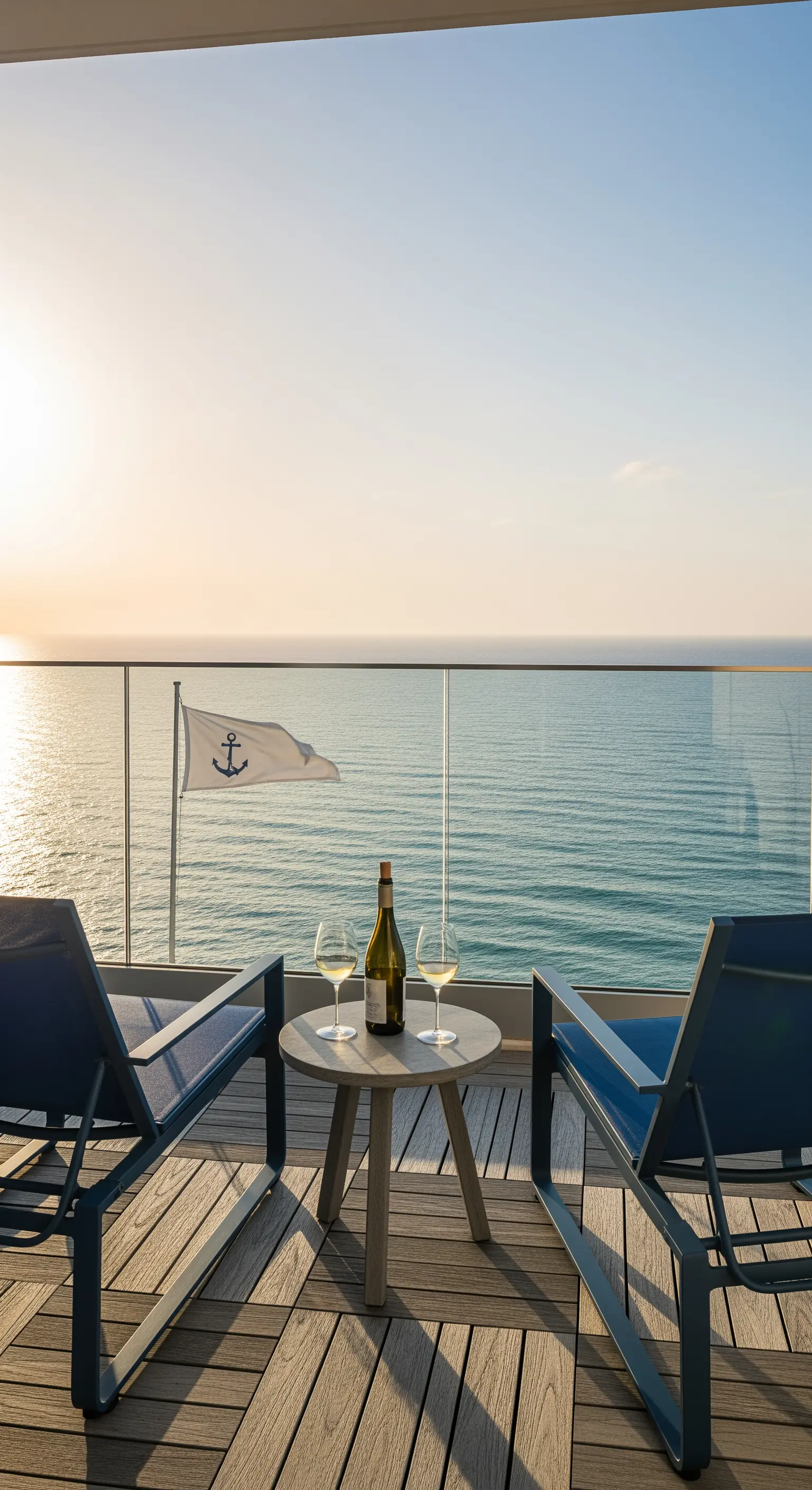 Balkon mit blauen Liegestühlen, Holztisch und Meerblick