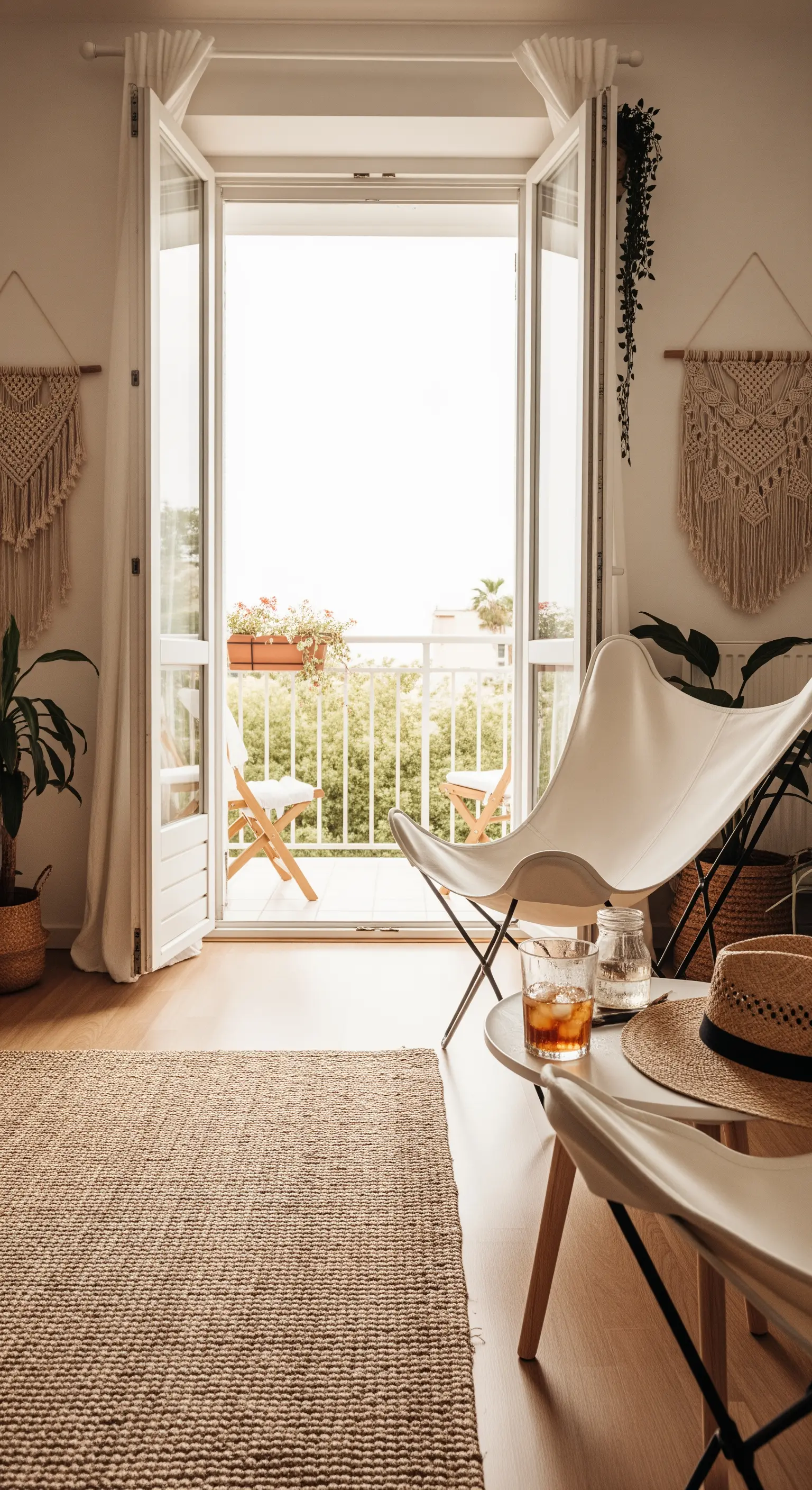 Offene Balkontür, Schmetterlingsstuhl, Makramee-Deko