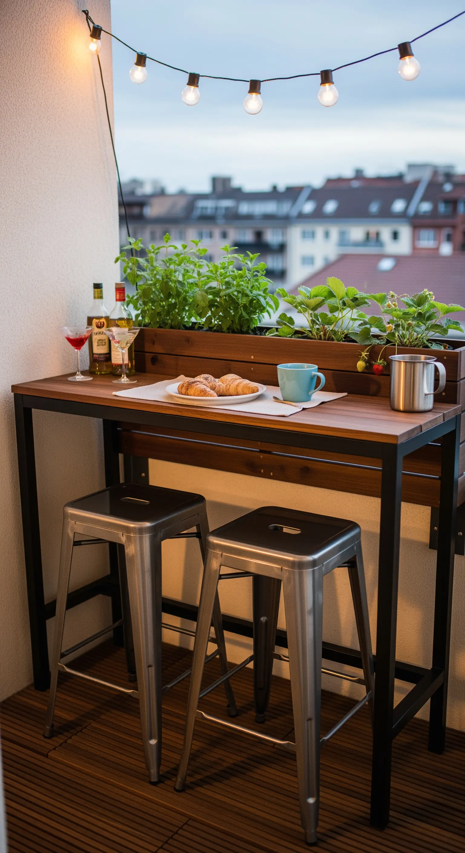 Schmaler Bartisch auf einem Balkon mit integriertem Kräuterbeet und Lichterkette.