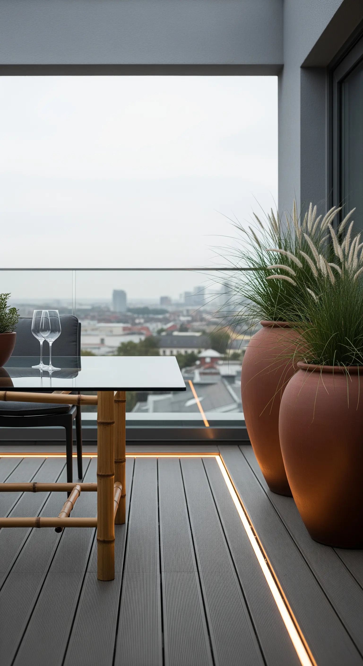 Balkon mit integrierter LED-Bodenbeleuchtung und Terrakotta-Pflanzgefäßen