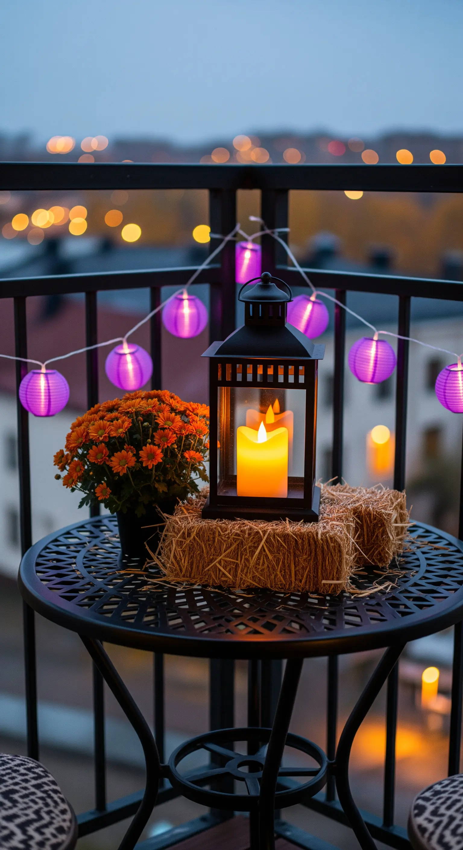 Halloween-Balkondeko mit Laterne, Heuballen und lila Lichterkette.
