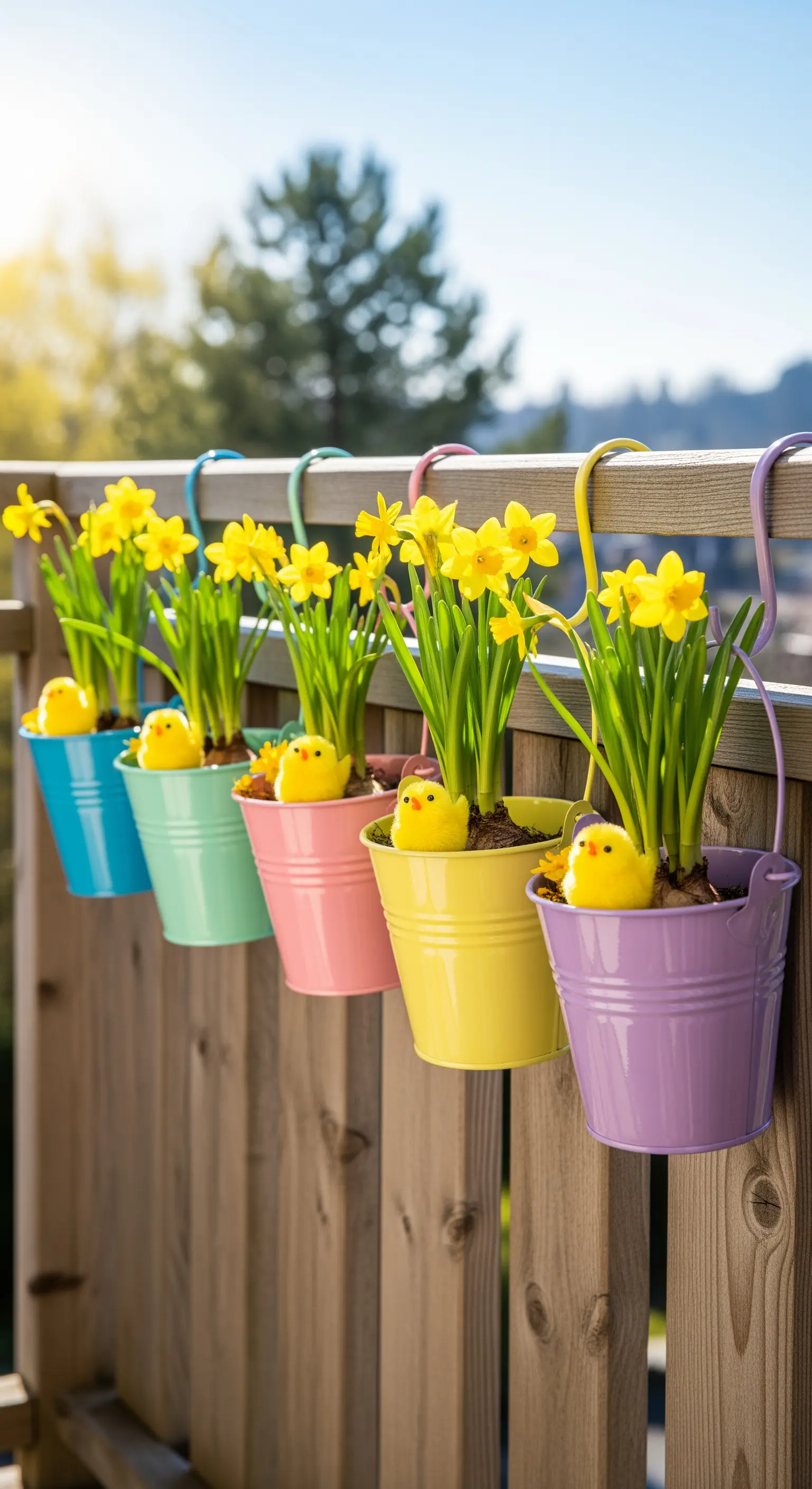 Hängende Pastelleimer mit Narzissen und Kükenfiguren am Balkongeländer