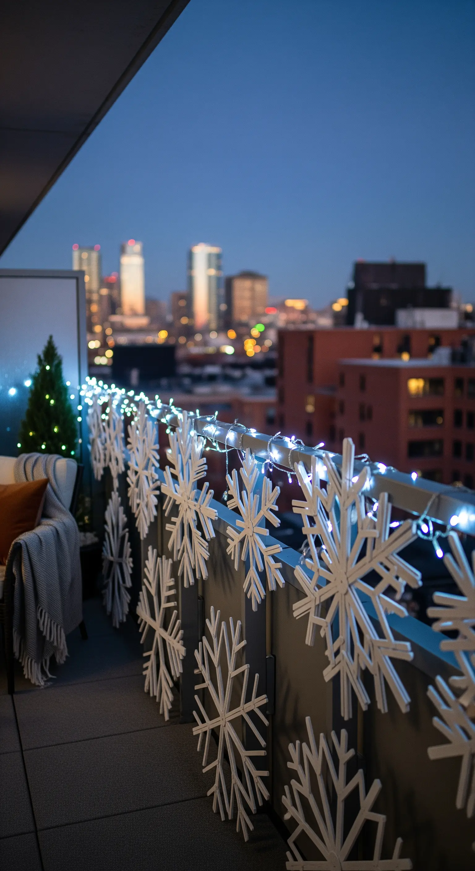 Balkon mit Geländer, dekoriert mit Lichterketten und großen Schneeflocken