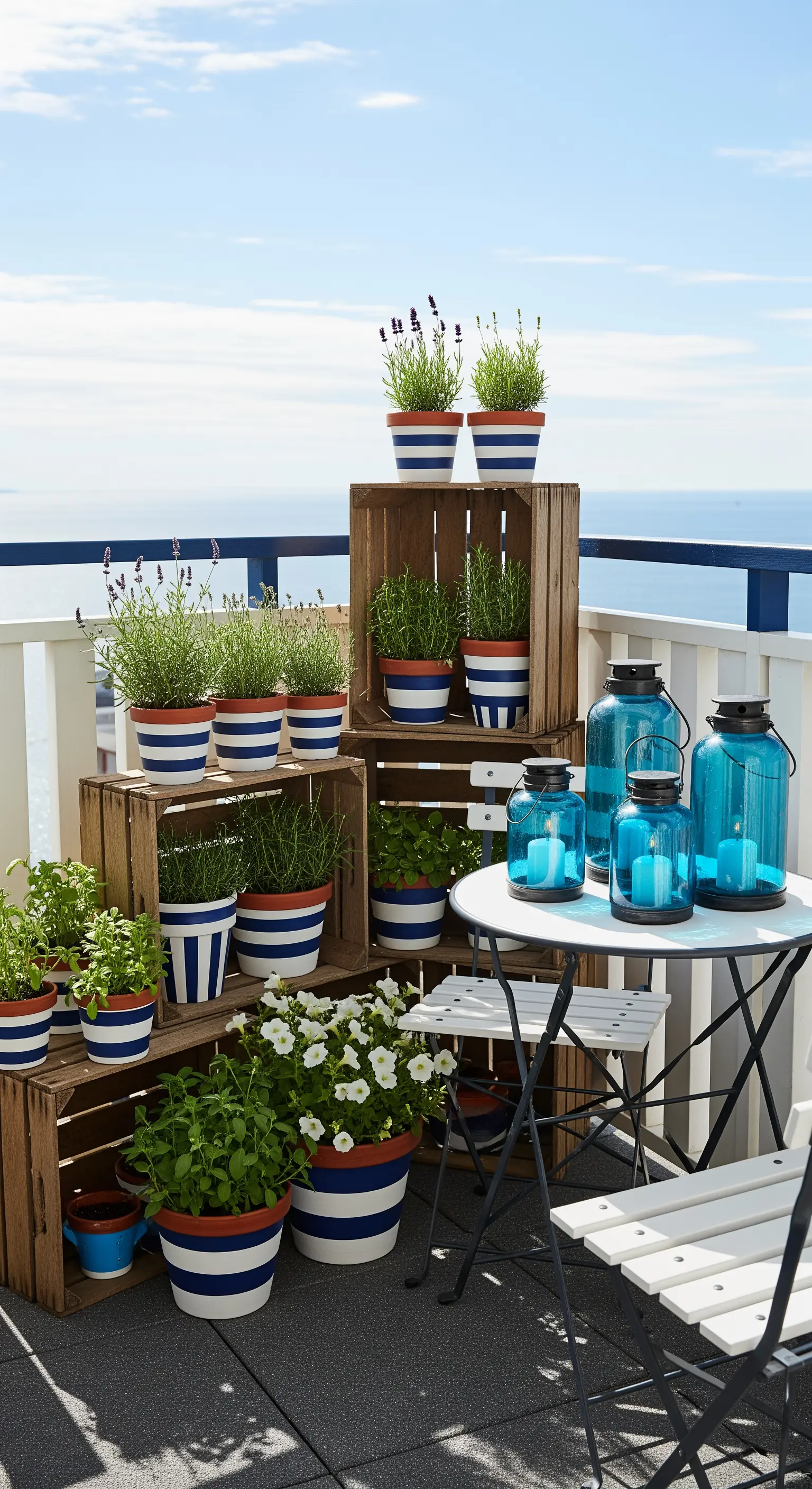 Balkon mit gestreiften Pflanztöpfen, Holzkisten und blauen Laternen mit Meerblick