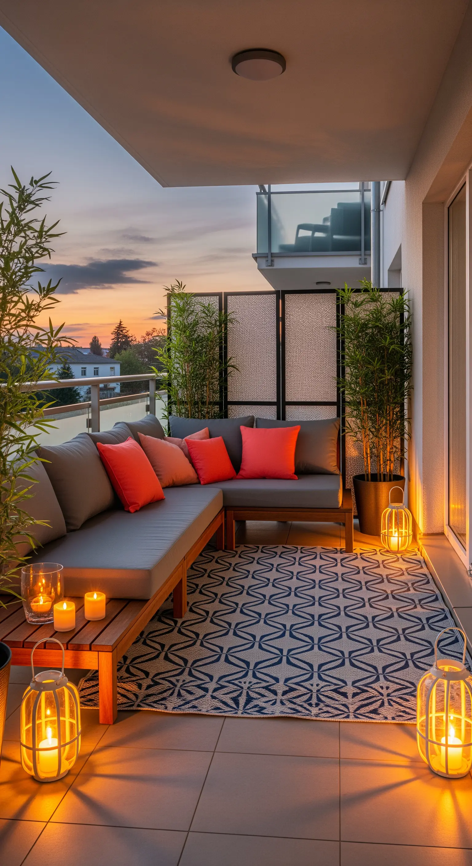 Balkon-Lounge, Laternen, orange Kissen
