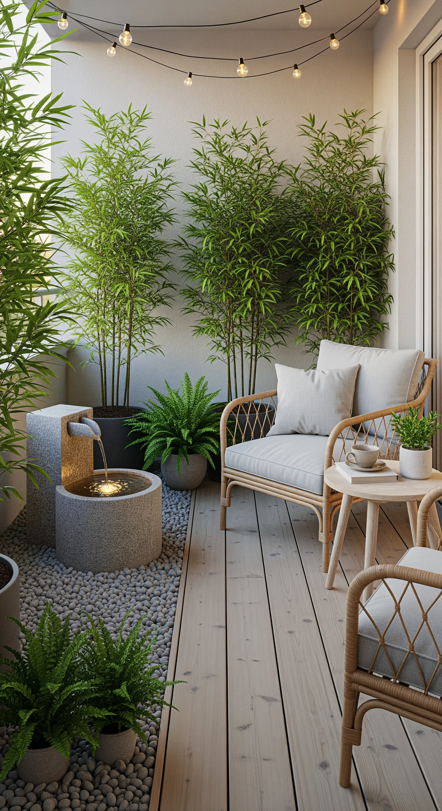 Japandi Balkon mit Bambuspflanzen, kleinem Brunnen und Lichterketten