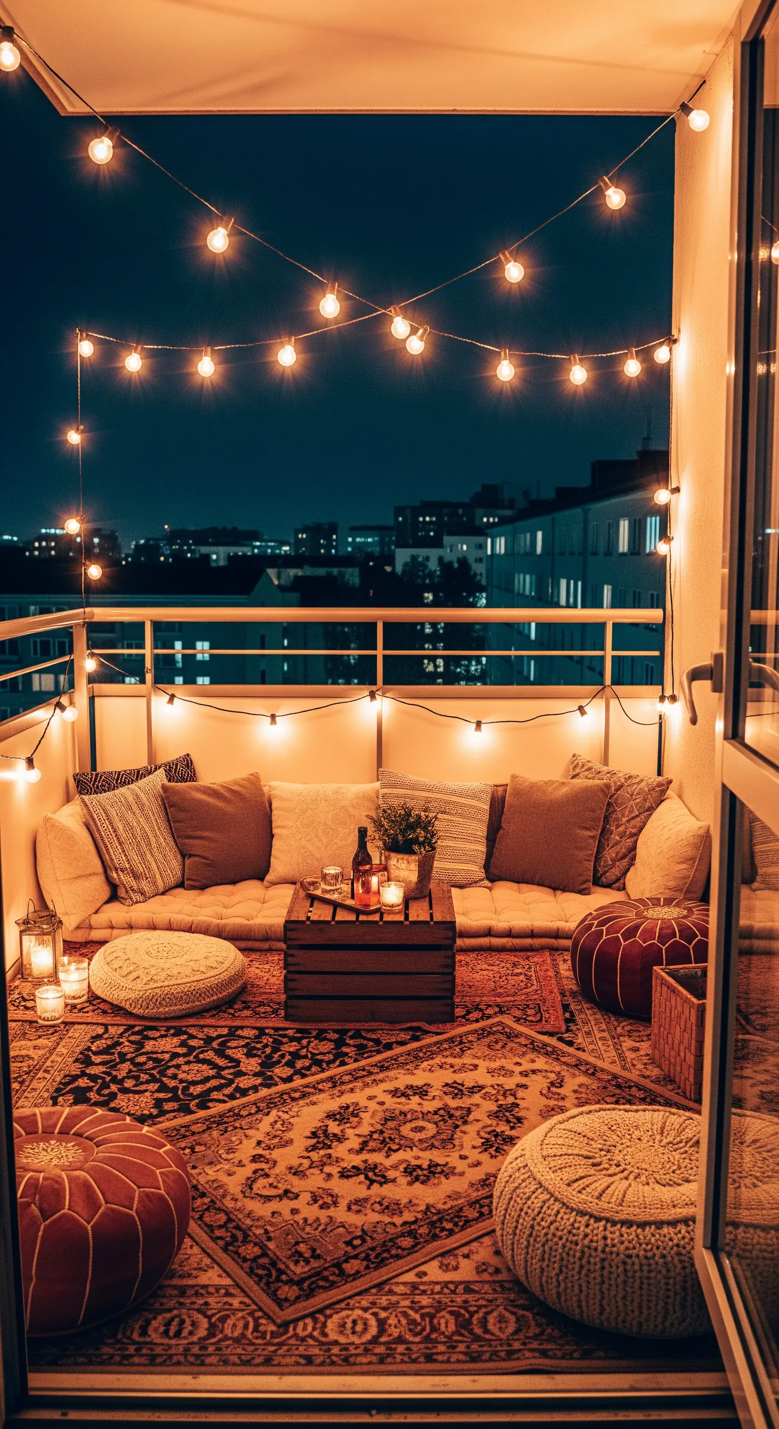 Gemütlicher Balkon bei Nacht mit Lichterketten, vielen Kissen und einem orientalischen Teppich.