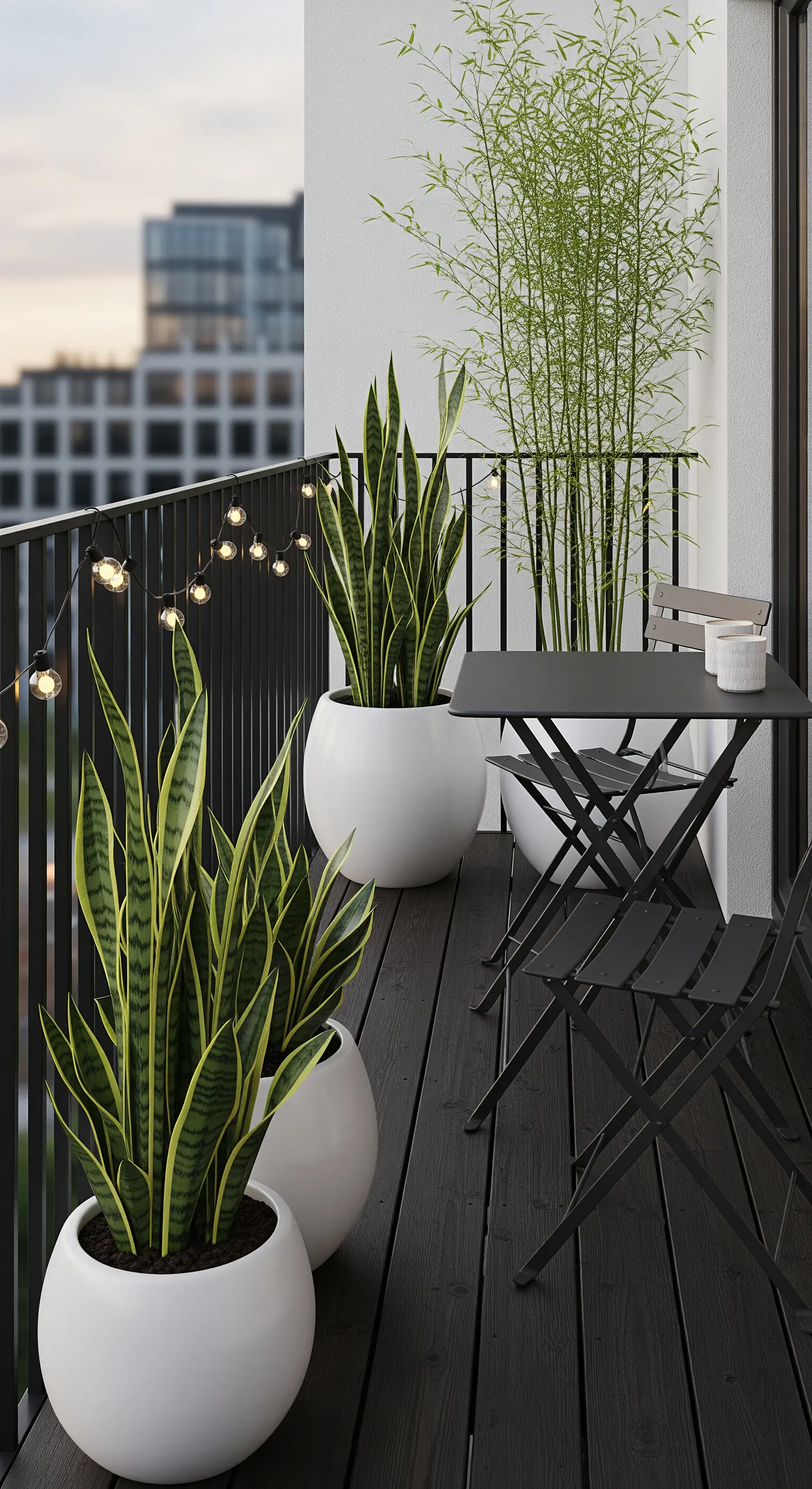Balkon mit Schlangenpflanzen in weißen Töpfen, Bambus, dunklen Klappmöbeln und Lichterkette