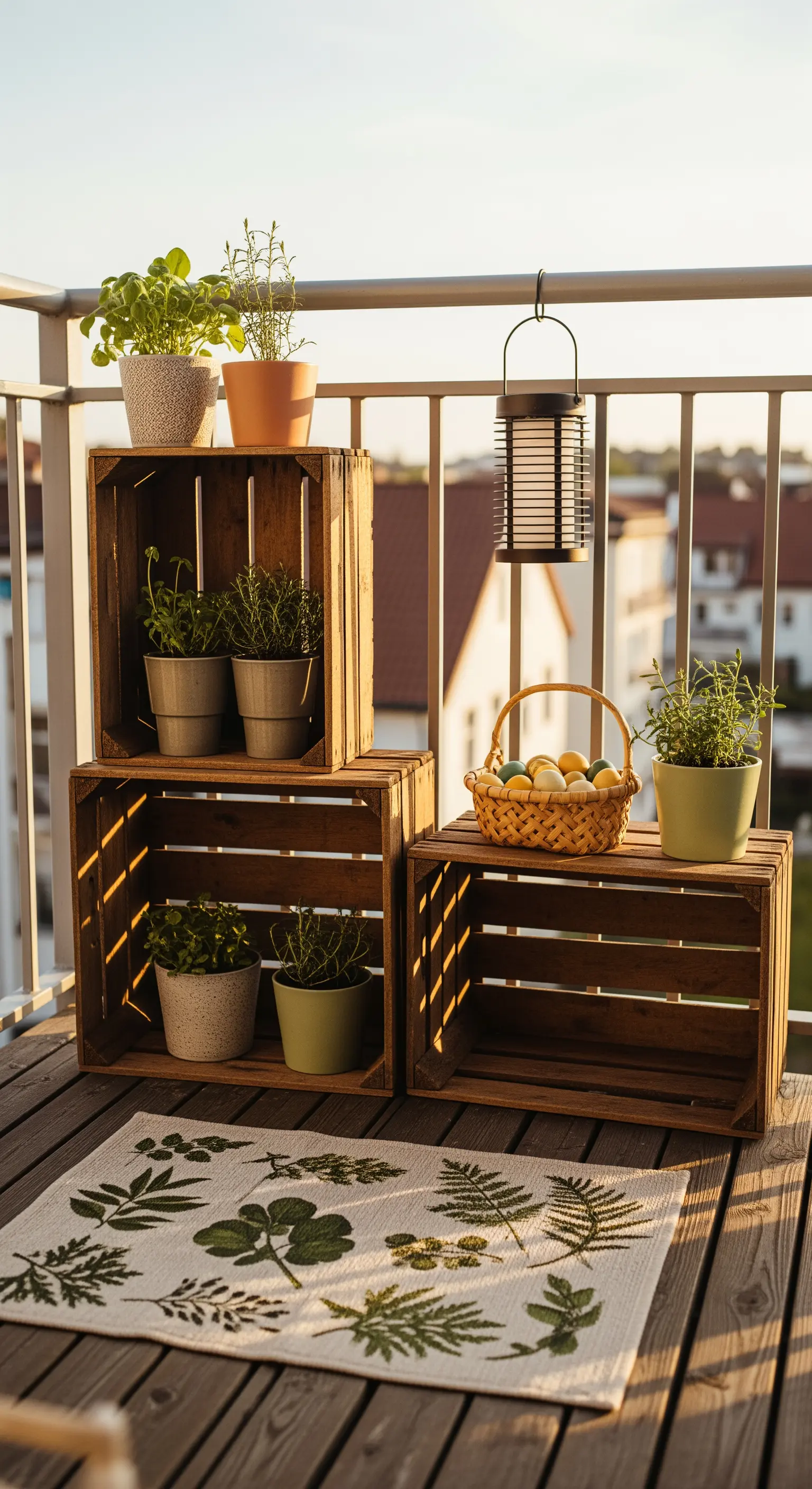 Balkon mit gestapelten Holzkisten, Kräutertöpfen, Ostereierkorb und Laterne