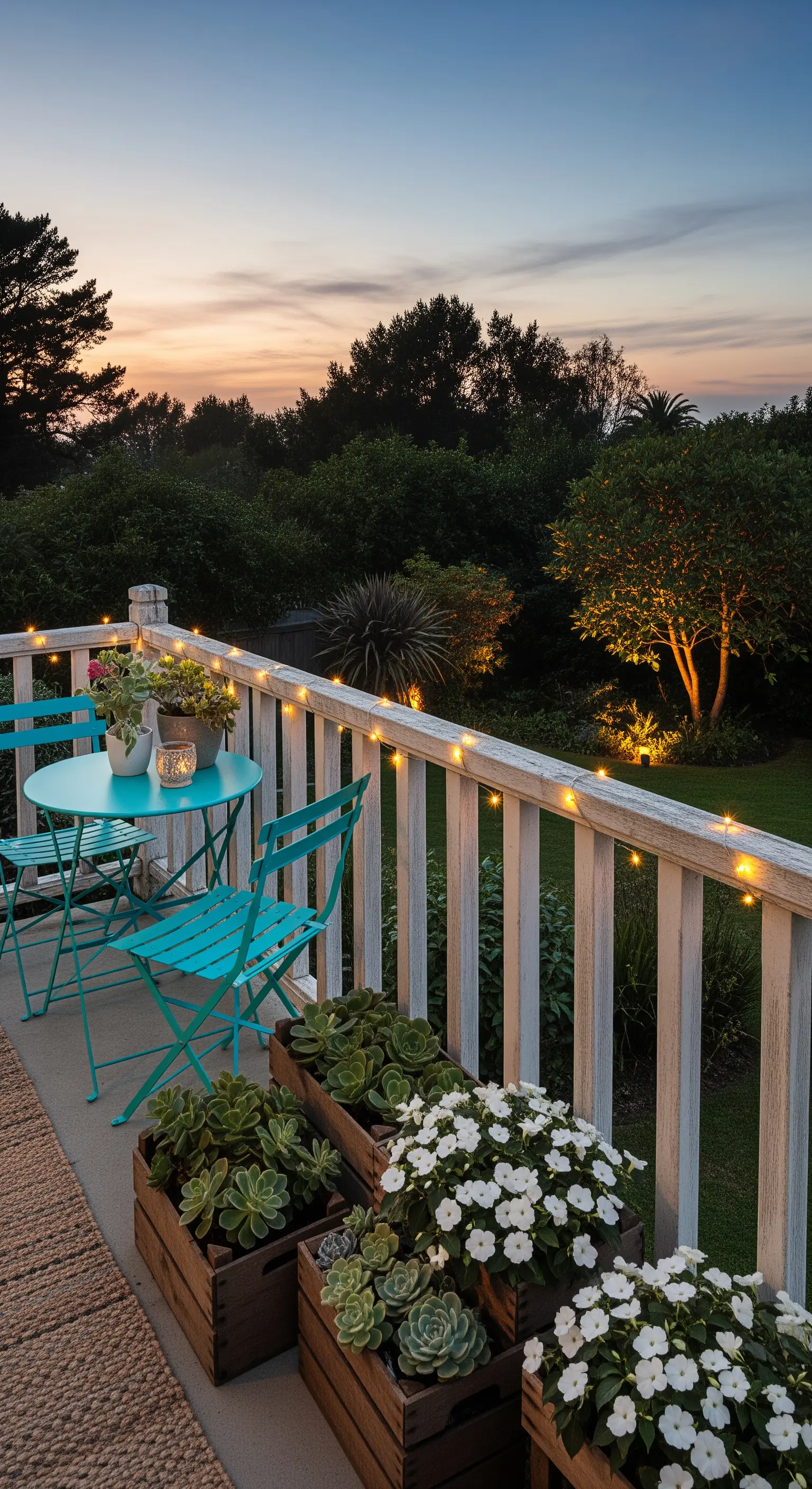 Balkon mit türkisem Bistro-Set, Pflanzen in Holzkisten, Lichterketten