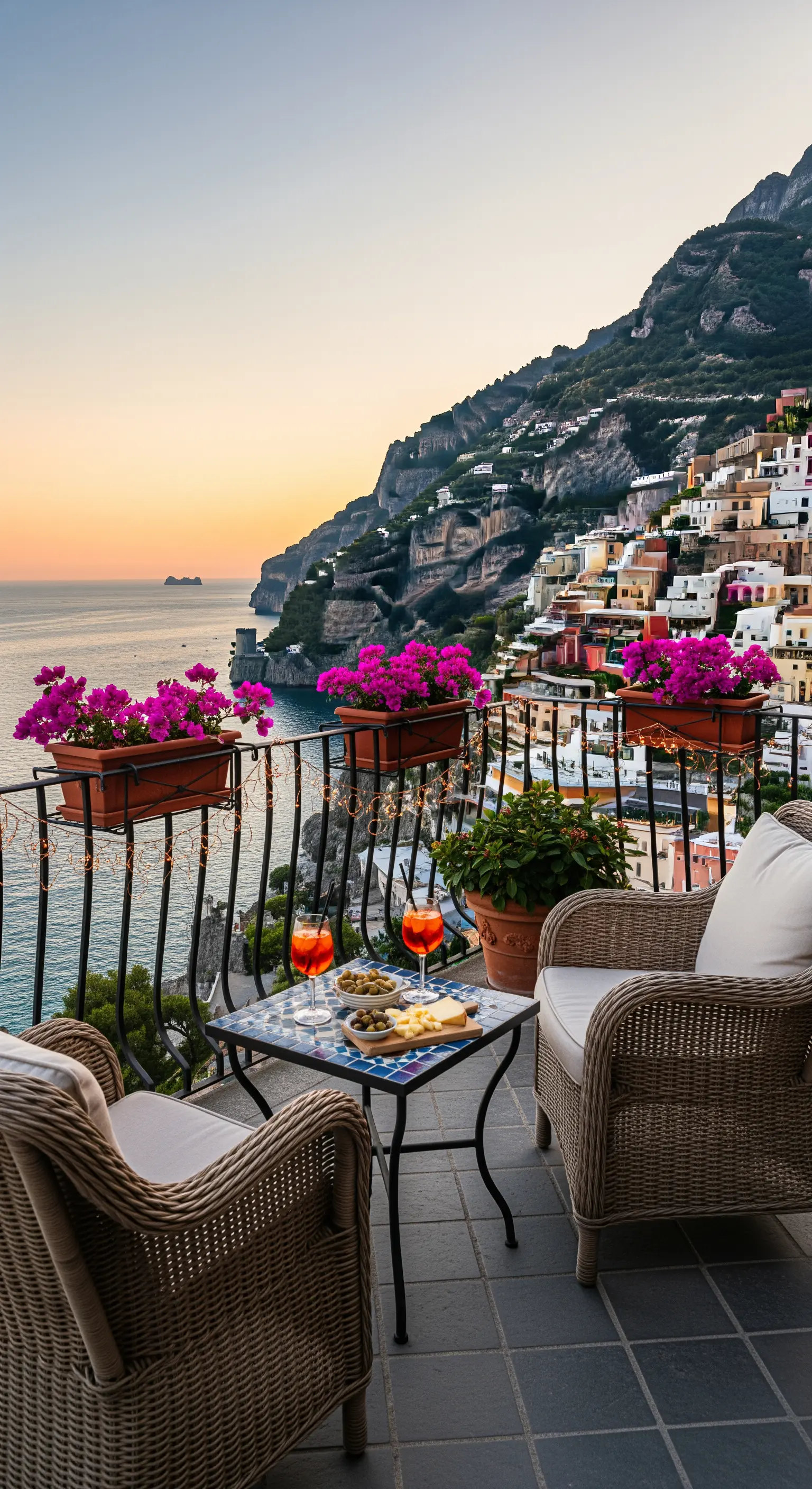 Kleiner italienischer Balkon mit Rattanmöbeln und Blick auf die Küste bei Sonnenuntergang.
