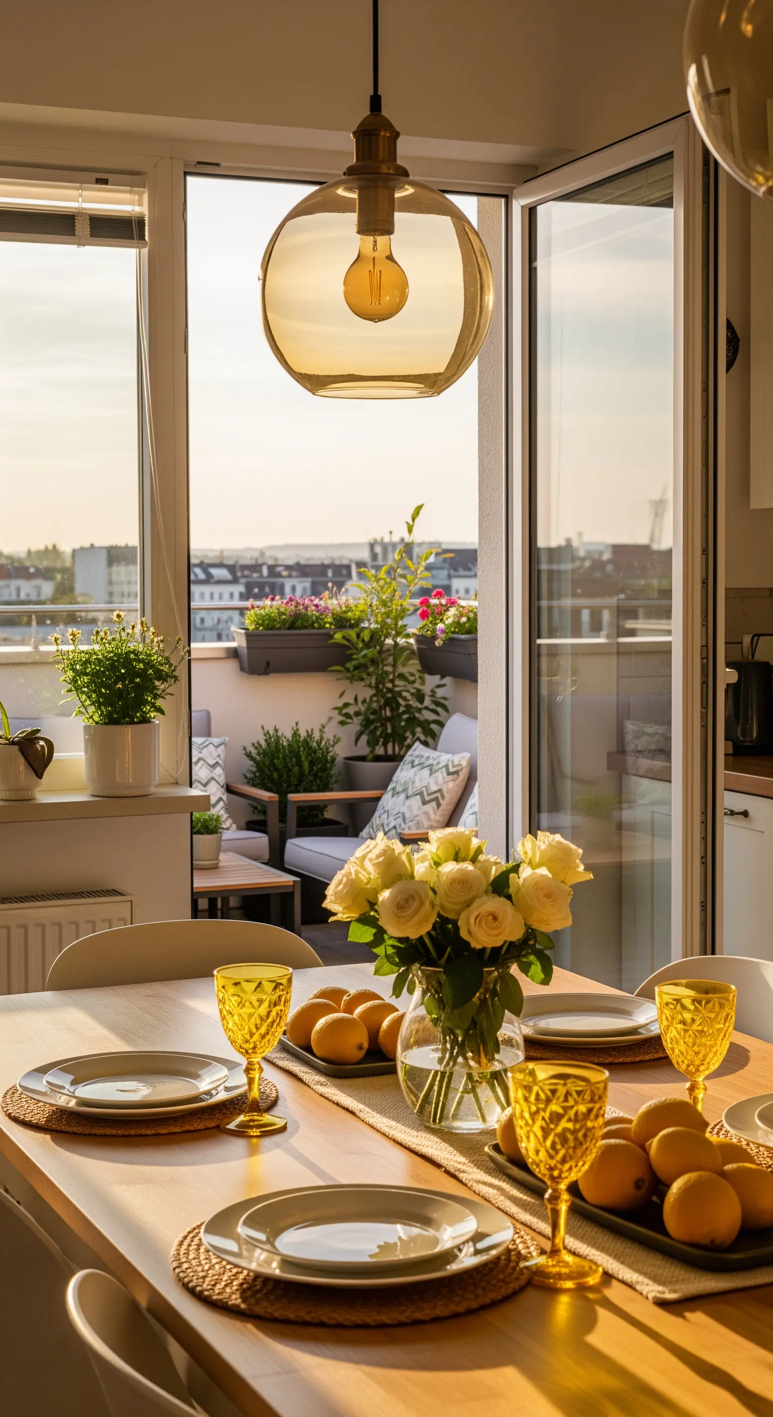 Esstisch mit weißen Rosen, Zitronen und Balkonblick