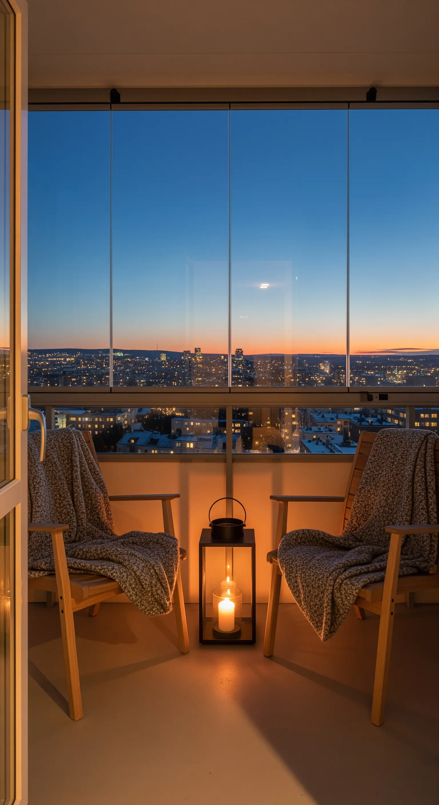 Verglaster Balkon mit zwei Holzstühlen, Decken und Laterne mit Kerze im Abendlicht.