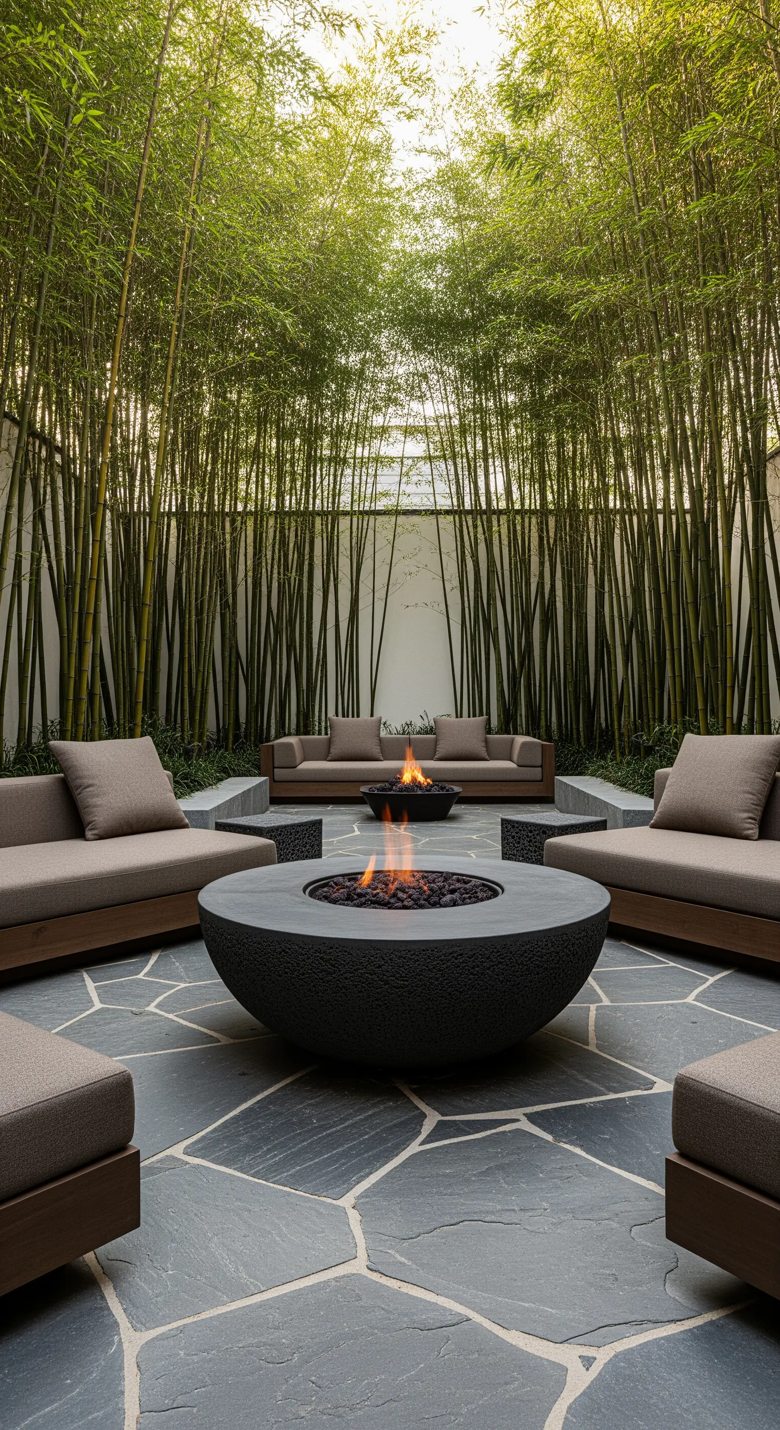 Bambushain, Feuerschale, Outdoor-Sofas, Schieferboden