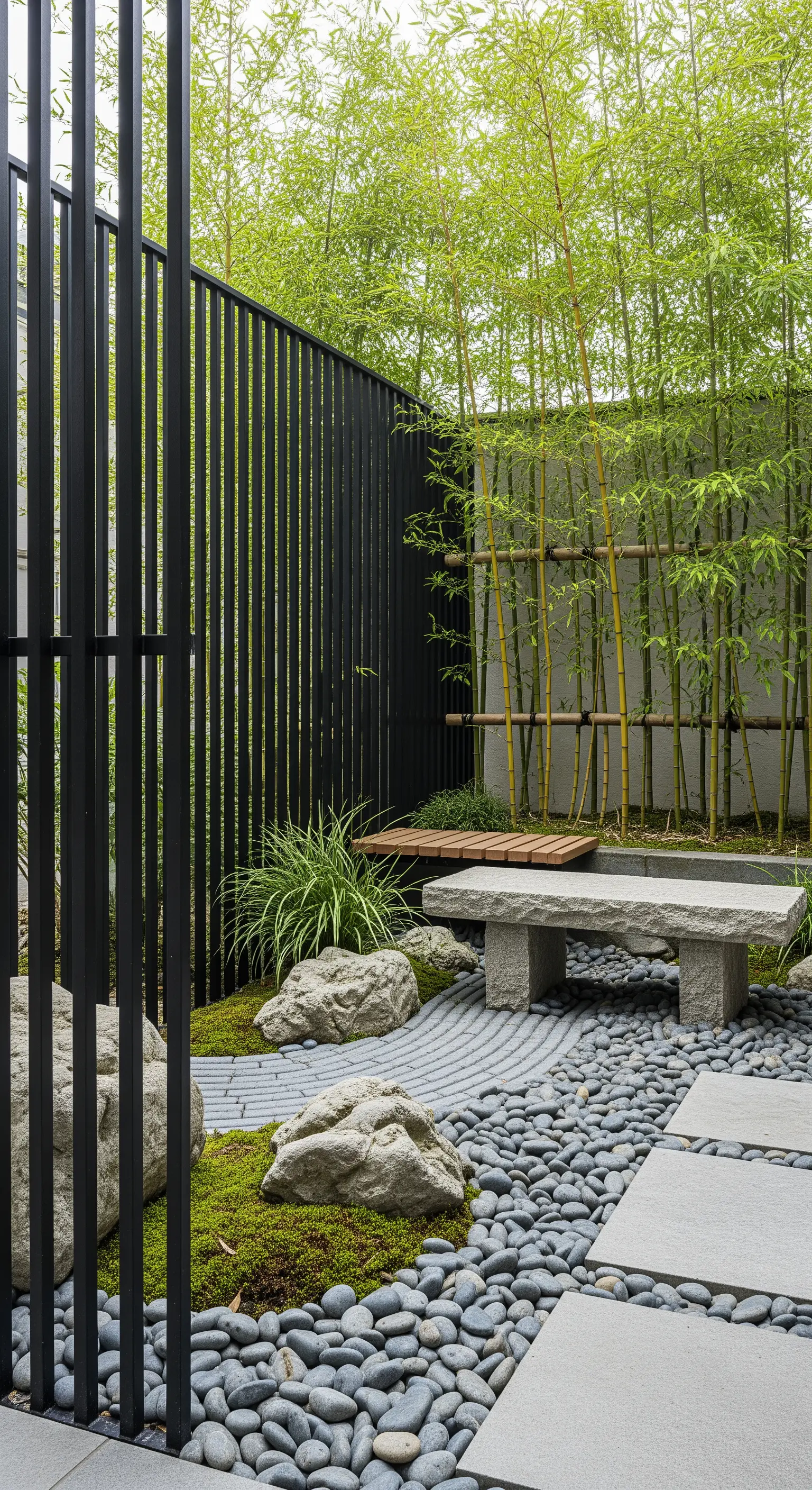 Japandi Garten mit Bambus, schwarzem Zaun, Kies und Steinbank