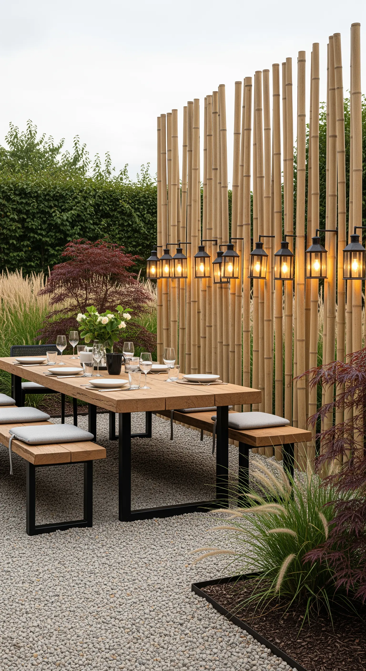 Outdoor-Essbereich mit Bambuswand, Industrie-Laternen und Holztisch