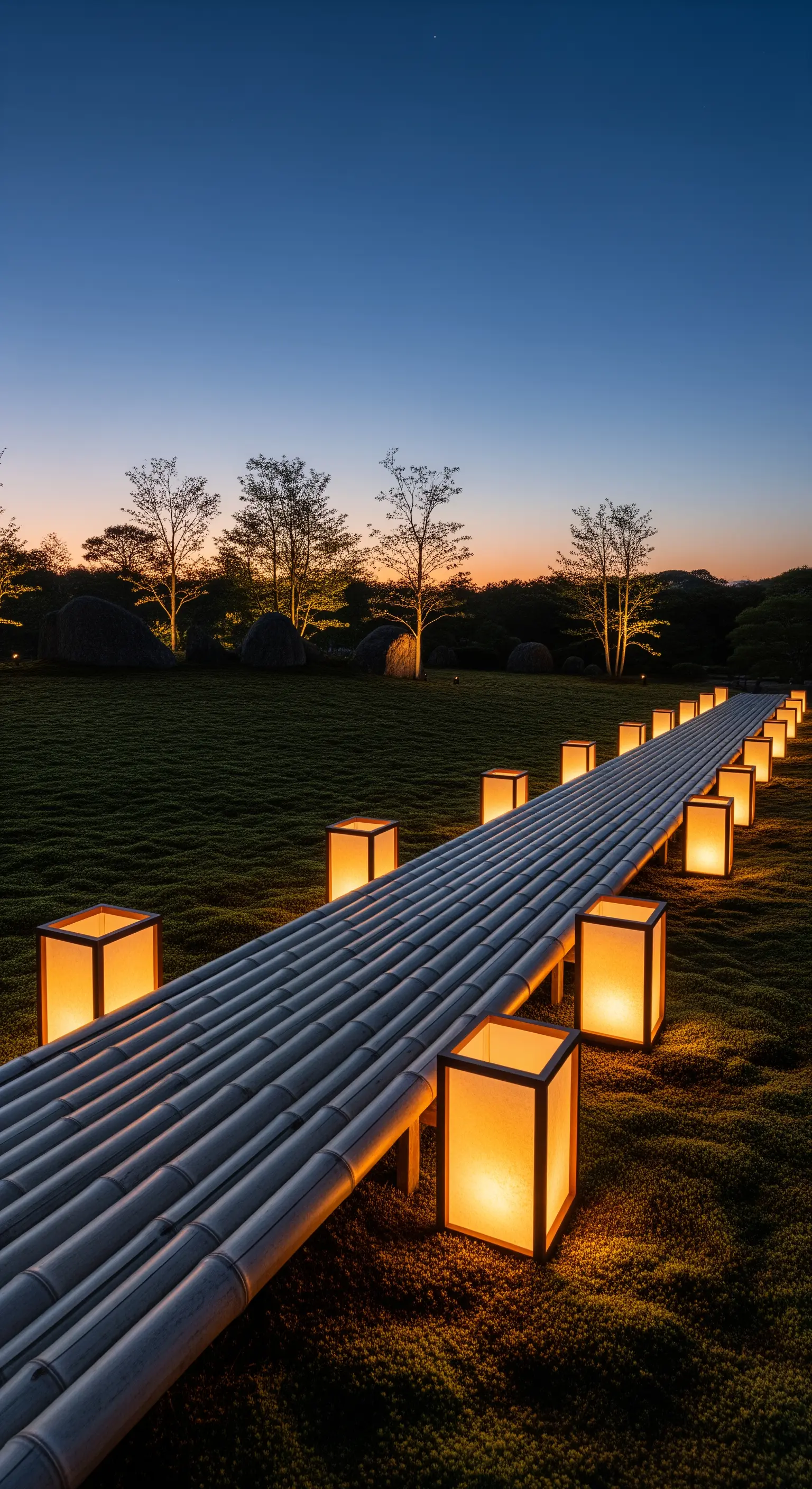Erhöhter Bambus-Steg, gesäumt von leuchtenden Papierlaternen in einem Moosgarten