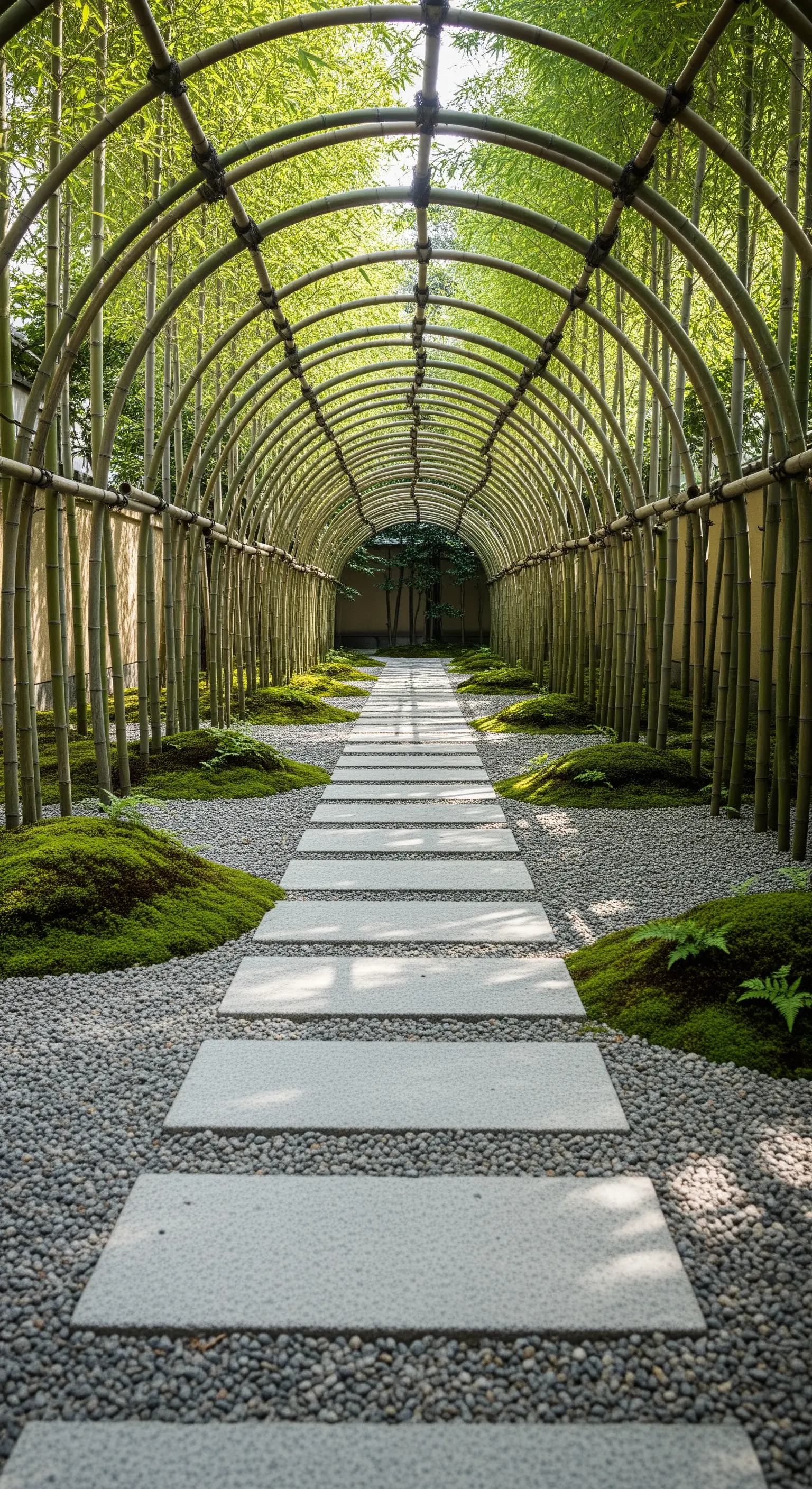 Gebogener Bambus-Tunnel mit linearem Steinweg und Moos-Inseln
