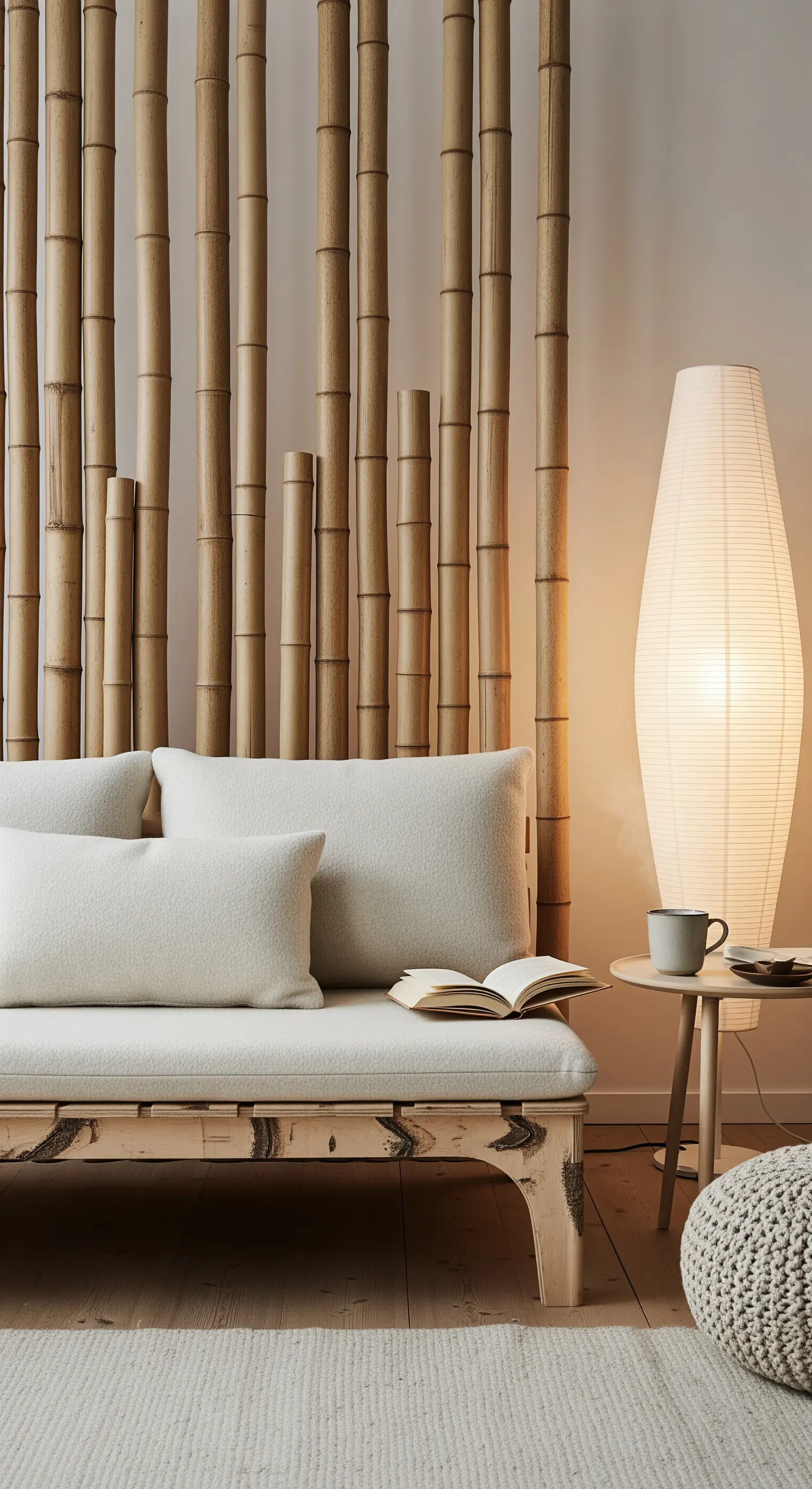 Japandi-Leseecke mit hellem Sofa, Bambuswand und japanischer Papierleuchte