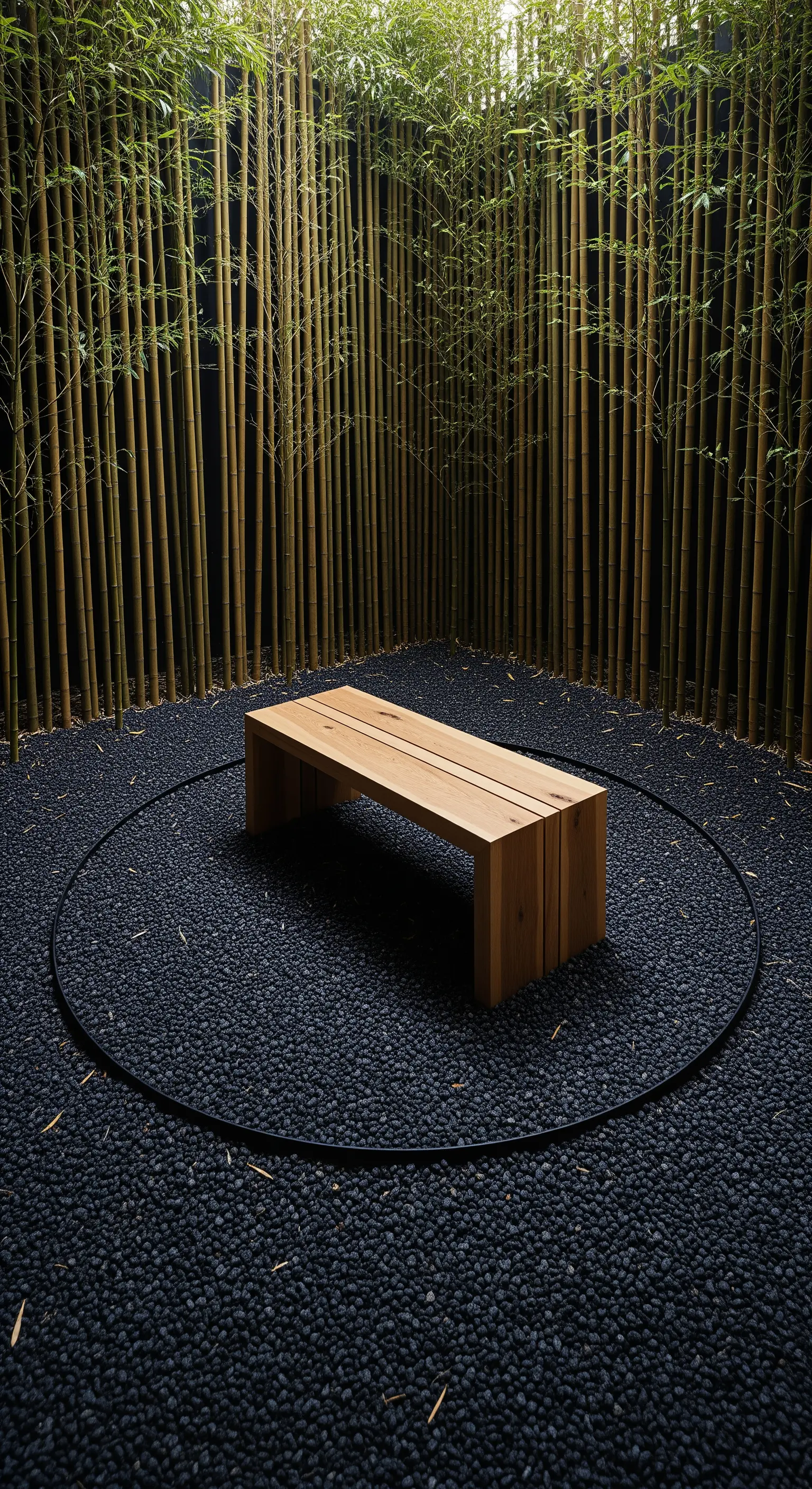 Bambuswand, Holzbank und schwarzer Kiesboden im Innenhof