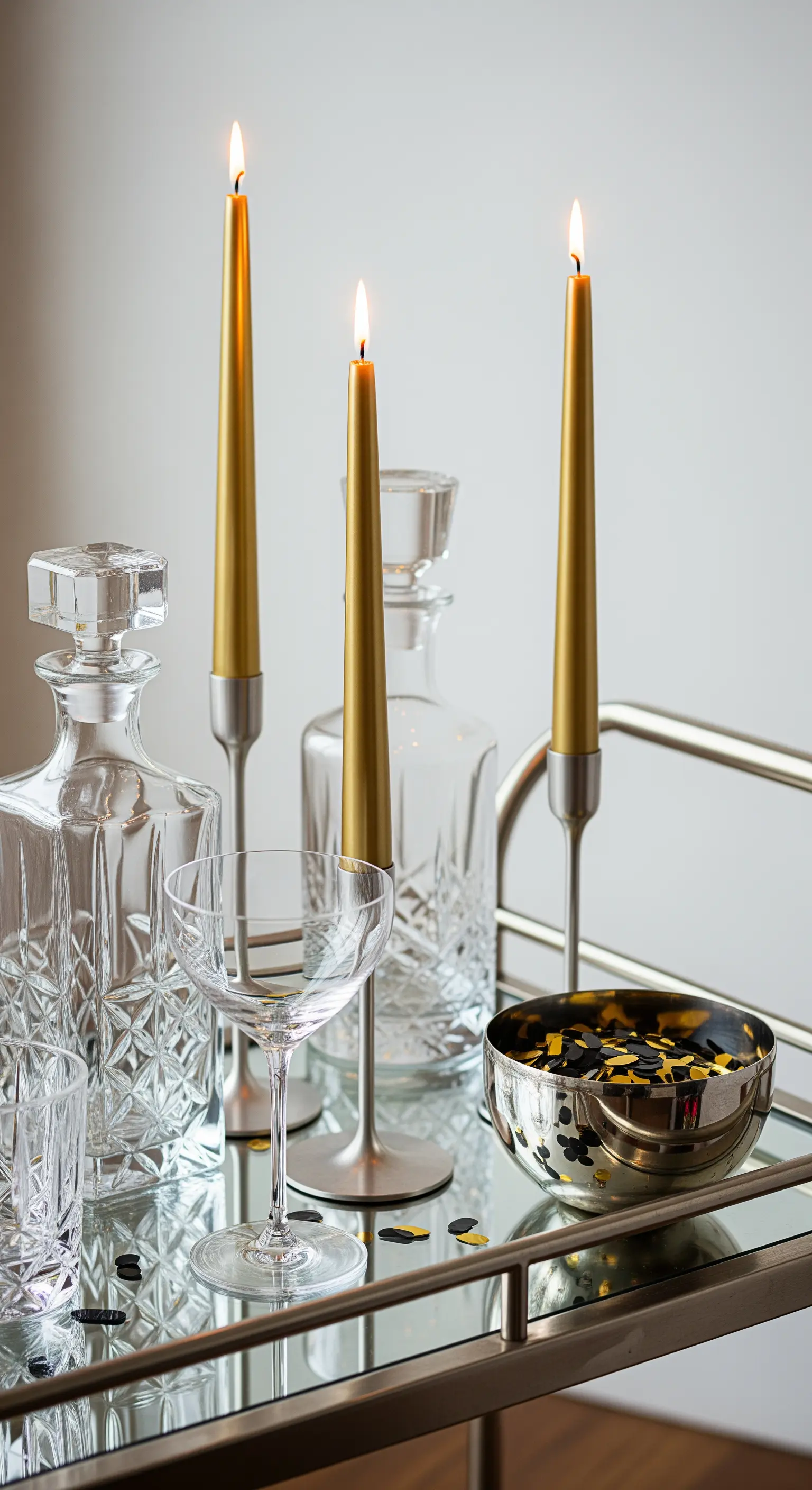 Goldene Stabkerzen in modernen Haltern auf einem silbernen Barwagen mit Kristallgläsern.