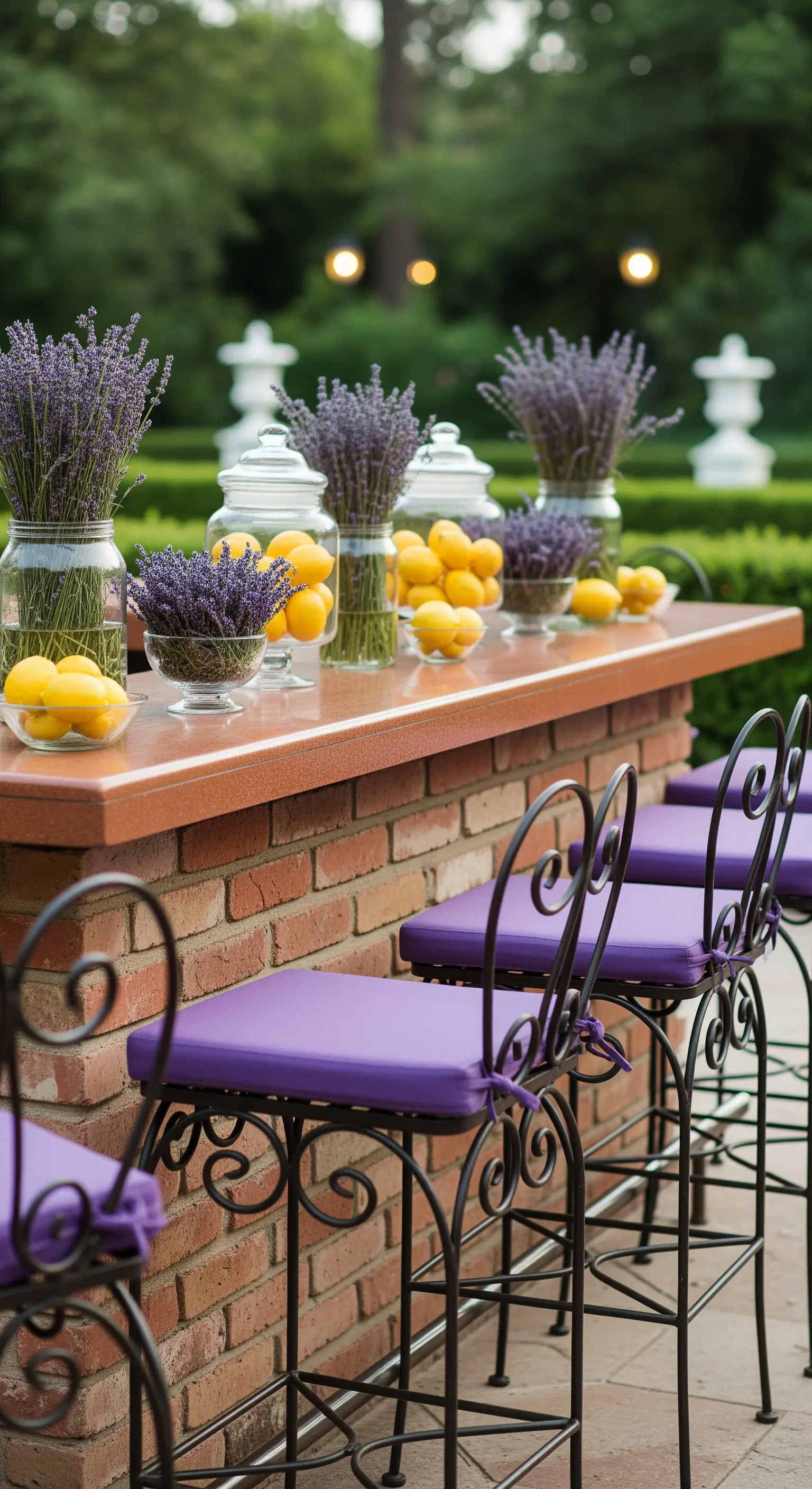 Outdoor-Bar mit Ziegeln, Schmiedeeisenstühlen, Lavendel und Zitronen in Gläsern