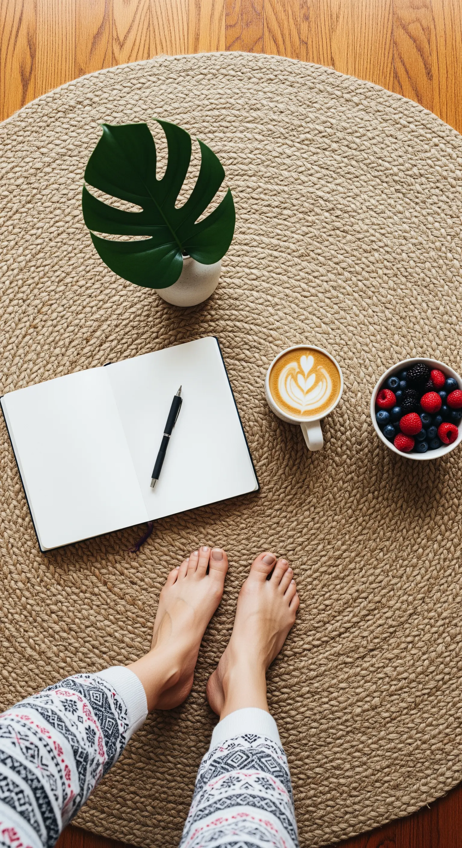 Draufsicht auf ein offenes Tagebuch und eine Kaffeetasse auf einem runden Jute-Teppich.