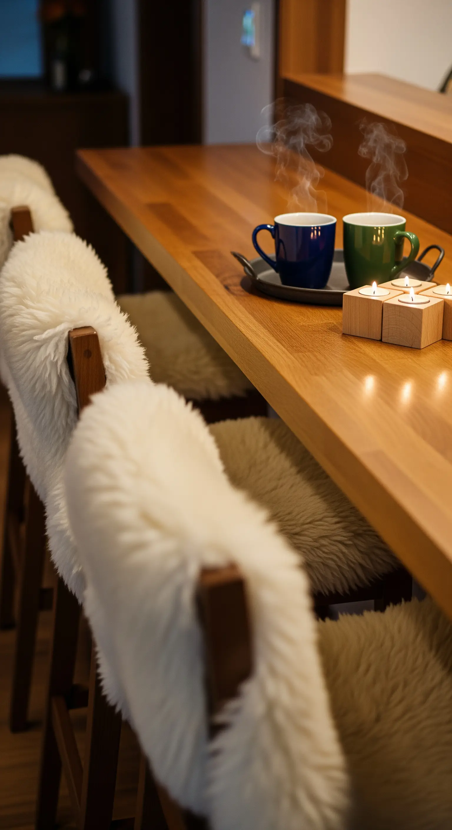 Barhocker mit Schaffell, Holztresen, Teelichter