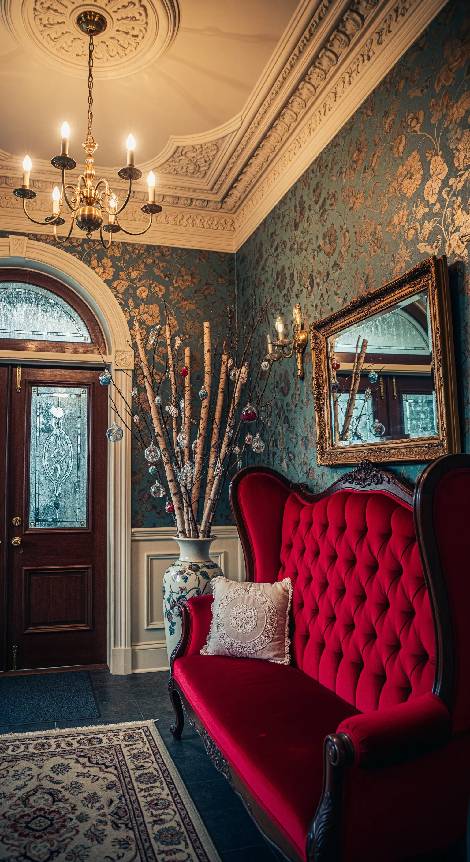 Barocker Eingang mit rotem Samtsofa, goldgemusterter Tapete und dekorierten Birkenästen