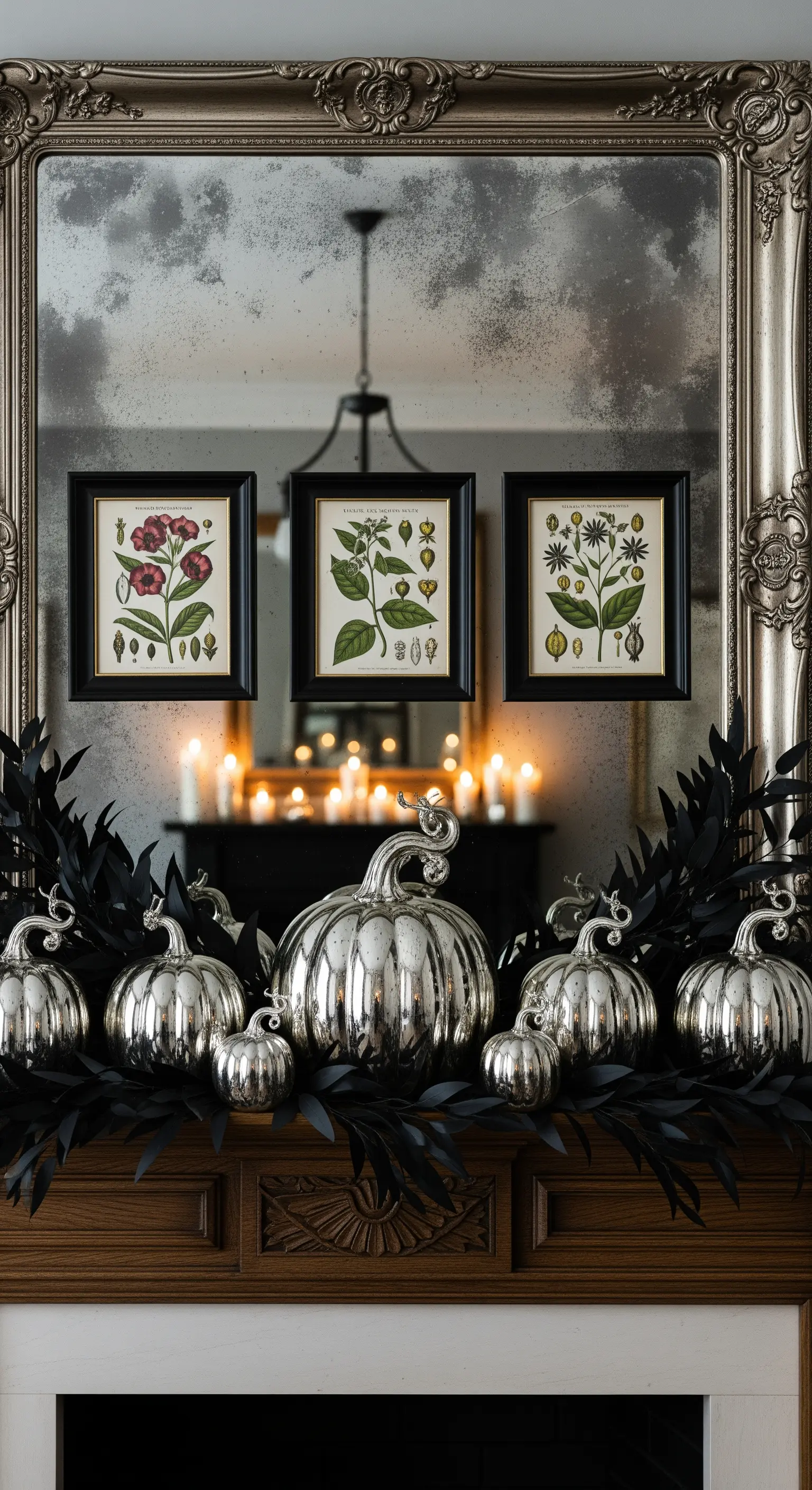 Kaminsims mit antikem Spiegel, botanischen Drucken, glänzenden silbernen Kürbissen und dunkler Blattgirlande.