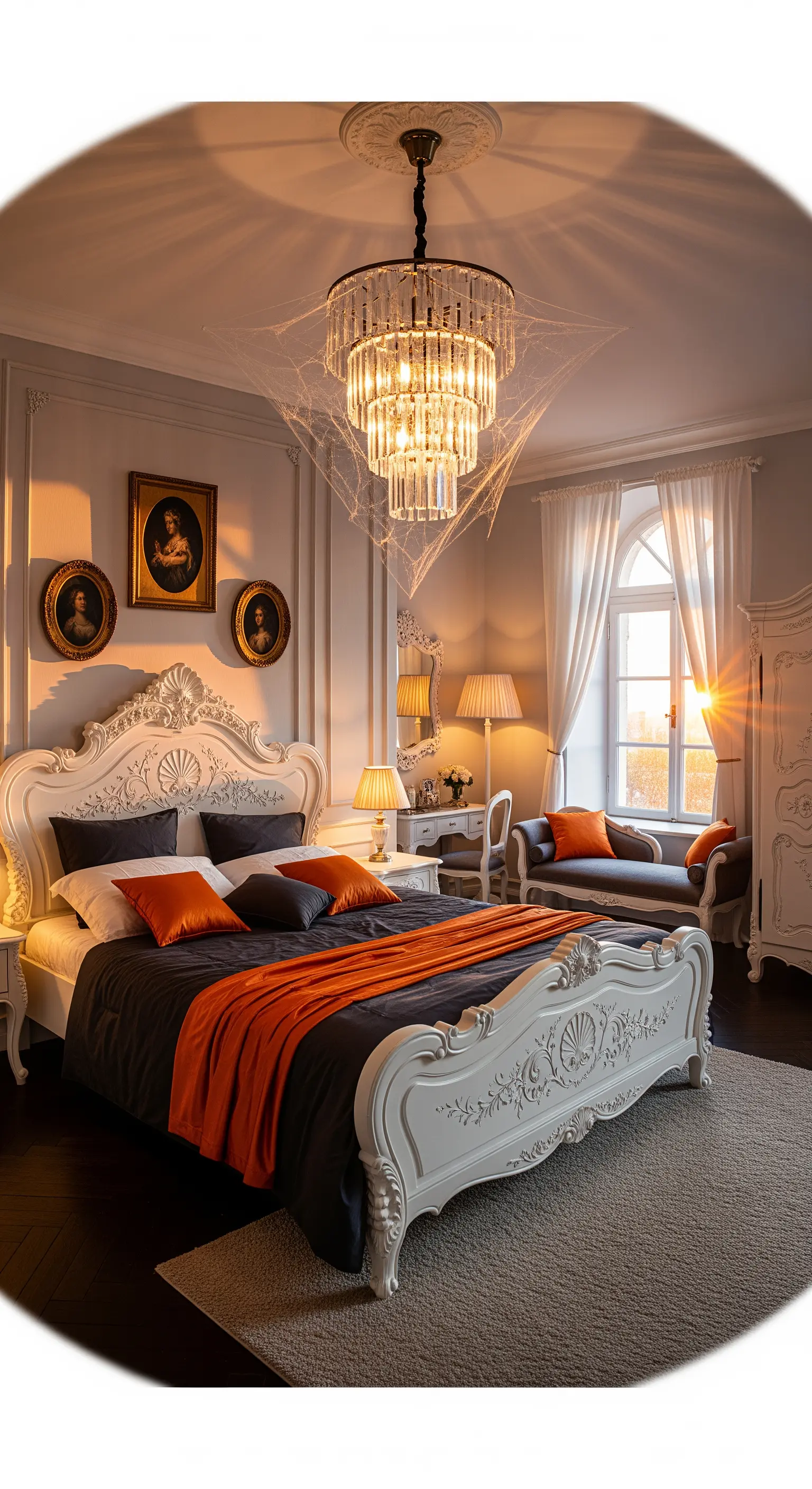 Weißes Barockbett mit orange-schwarzer Bettwäsche, Kronleuchter mit Spinnweben