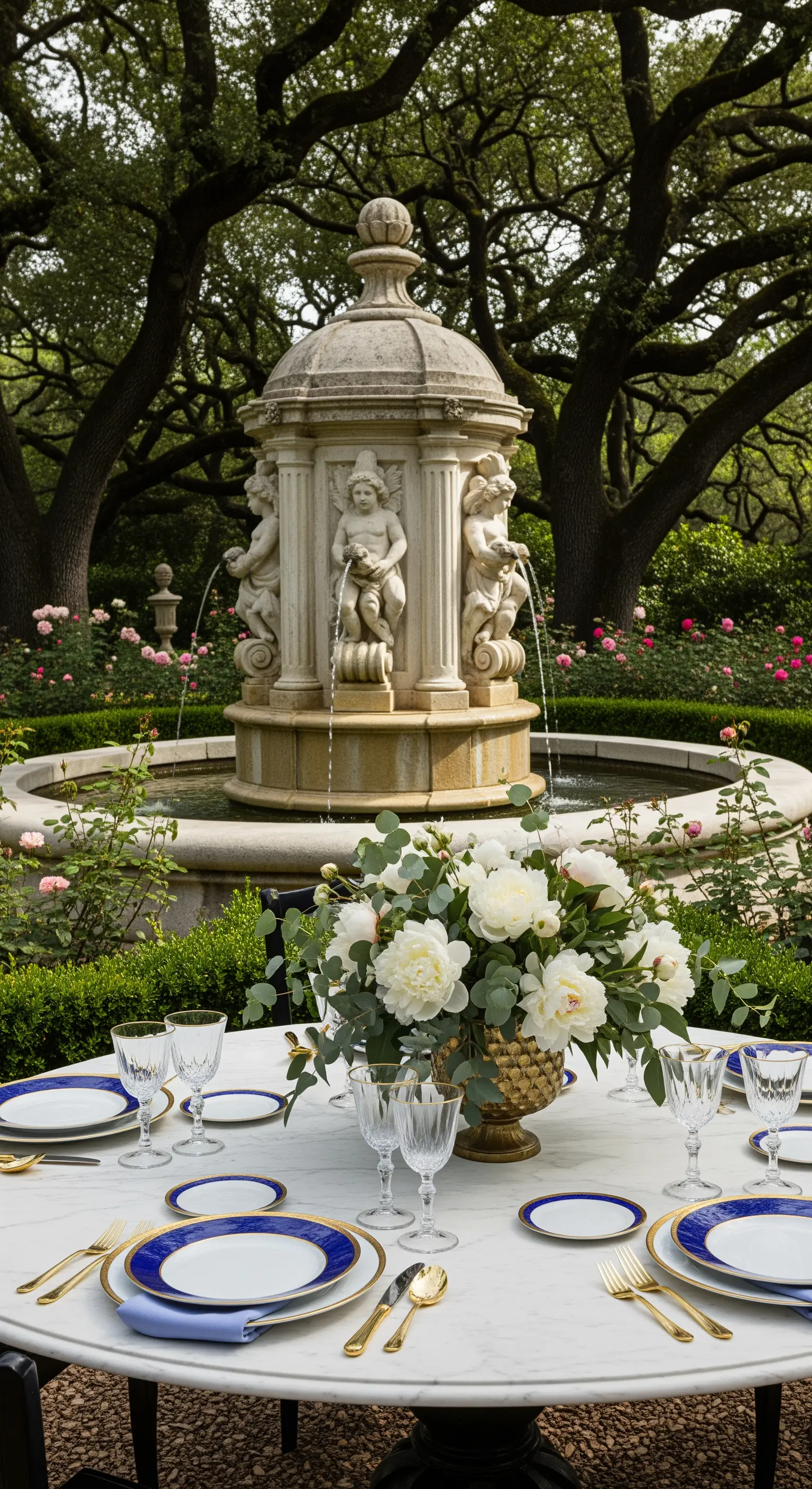 Runde Tafel im Garten mit Springbrunnen, weißer Blumenstrauß, blau-weißes Porzellan mit Gold