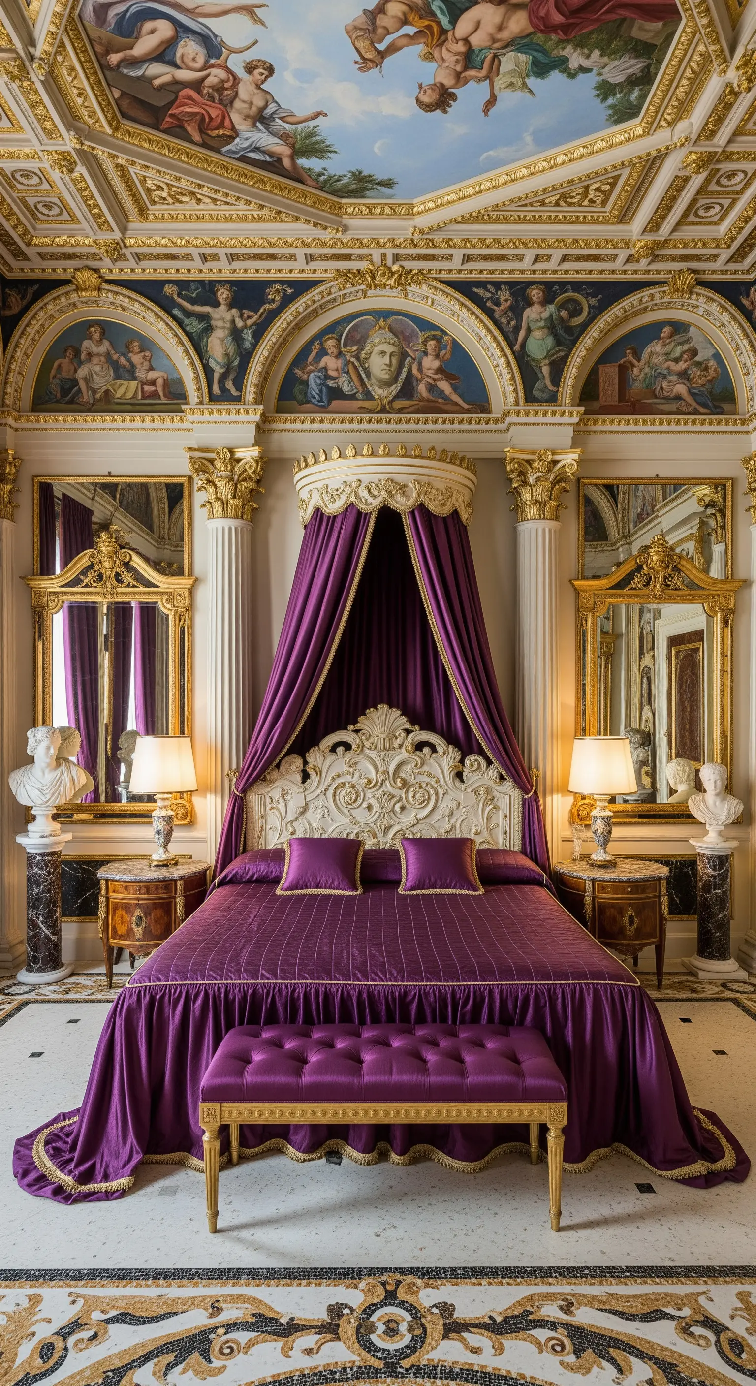 Opulentes barockes Schlafzimmer mit einem prunkvollen Bett mit purpurnem Samtbaldachin und goldenen Details.