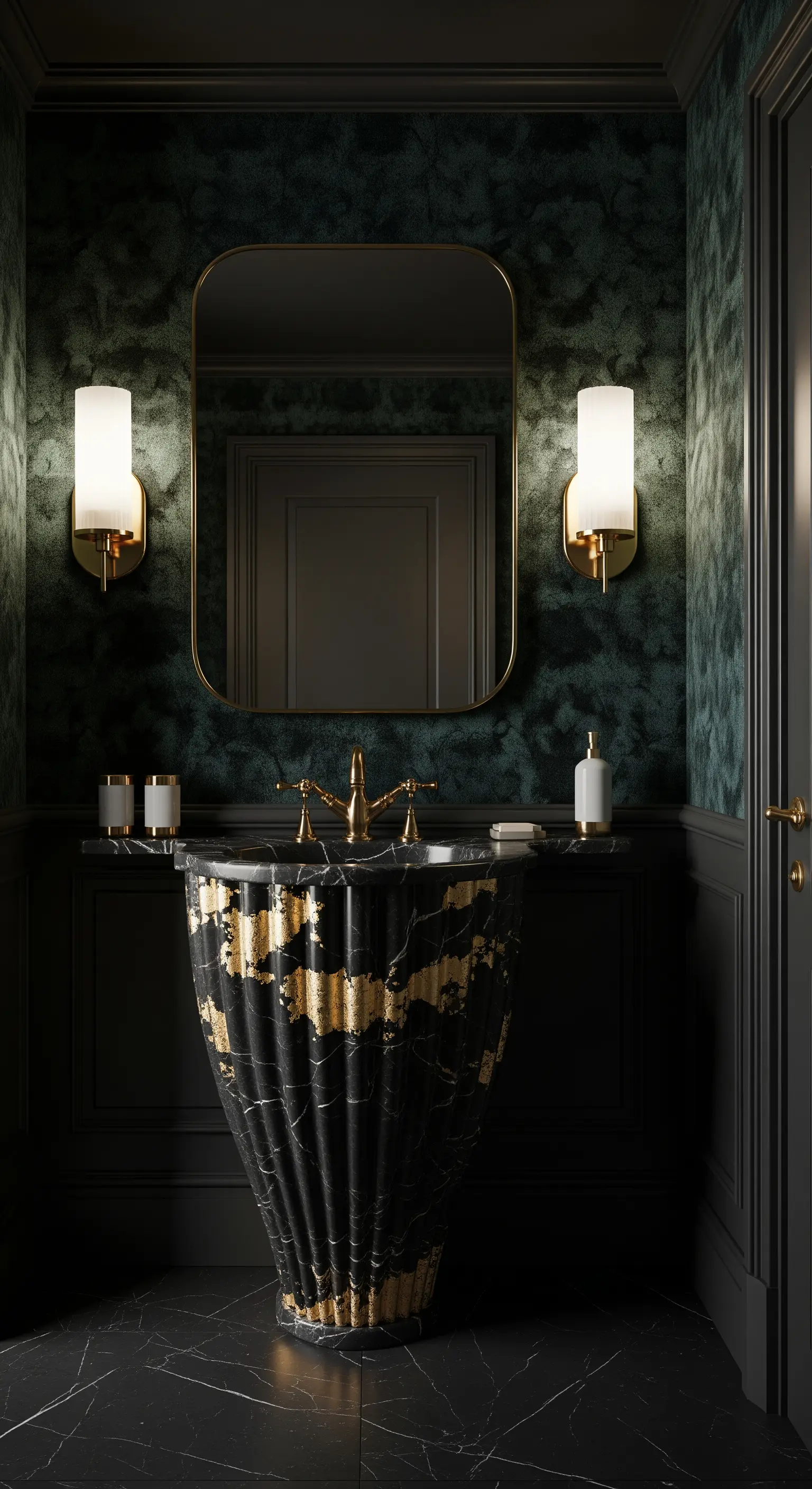 Smaragdgrünes Bad, schwarzes Waschbecken mit Gold-Akzenten, goldene Armaturen und Spiegel