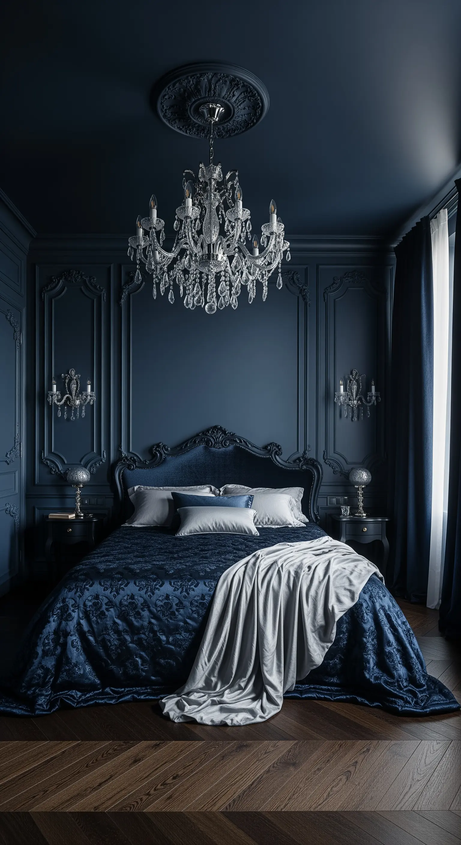 Kristallleuchter in opulentem nachtblauen Schlafzimmer