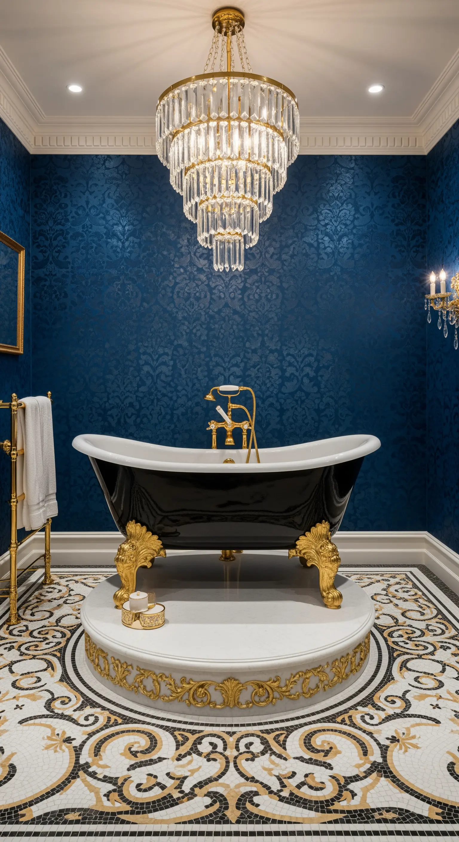 Schwarze Löwenfuß-Badewanne auf einem verzierten, weißen Podest über einem opulenten Mosaikboden