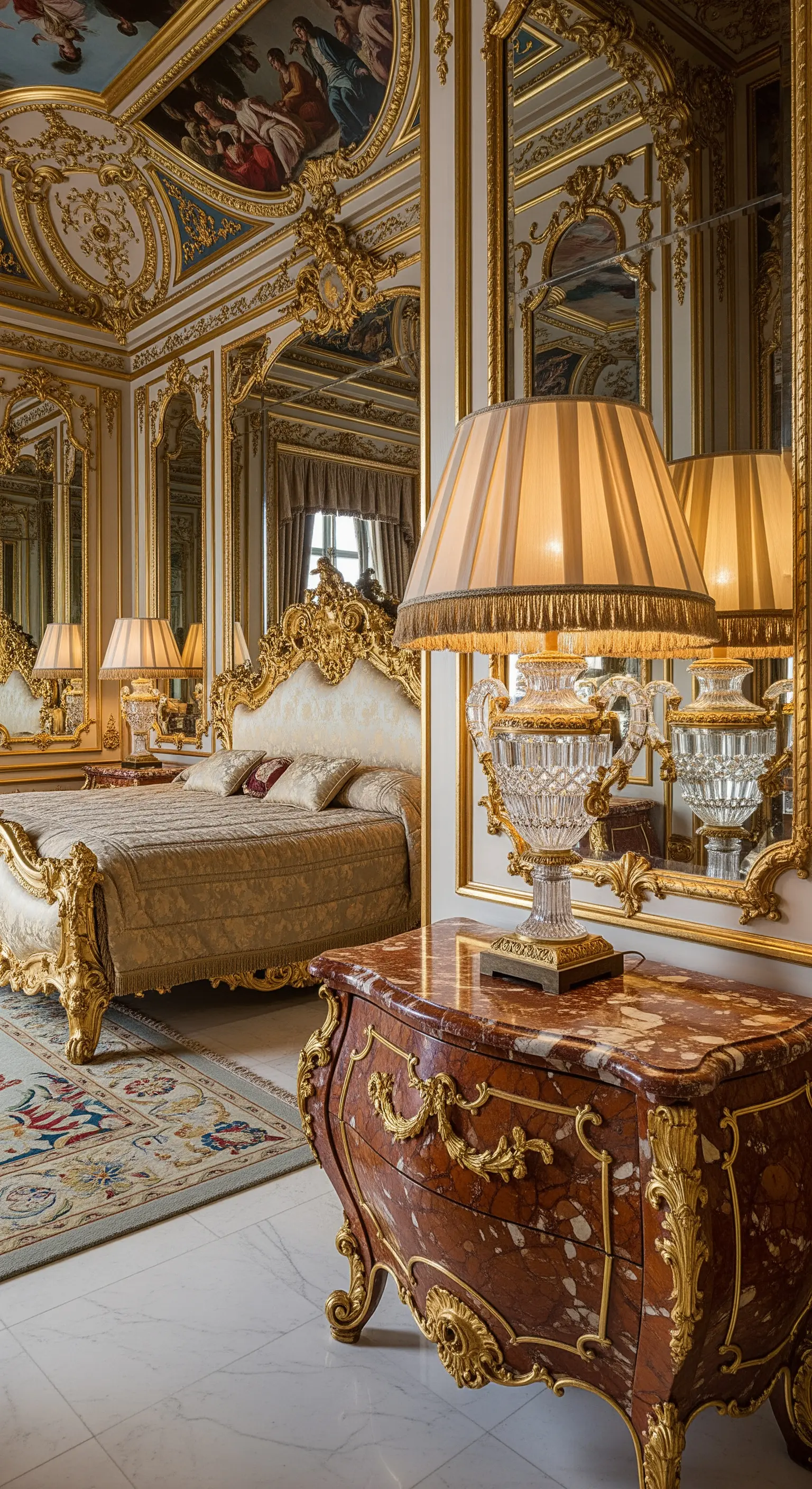 Barockes Schlafzimmer mit vergoldetem Bett, Marmorkommode und Kristalllampe.