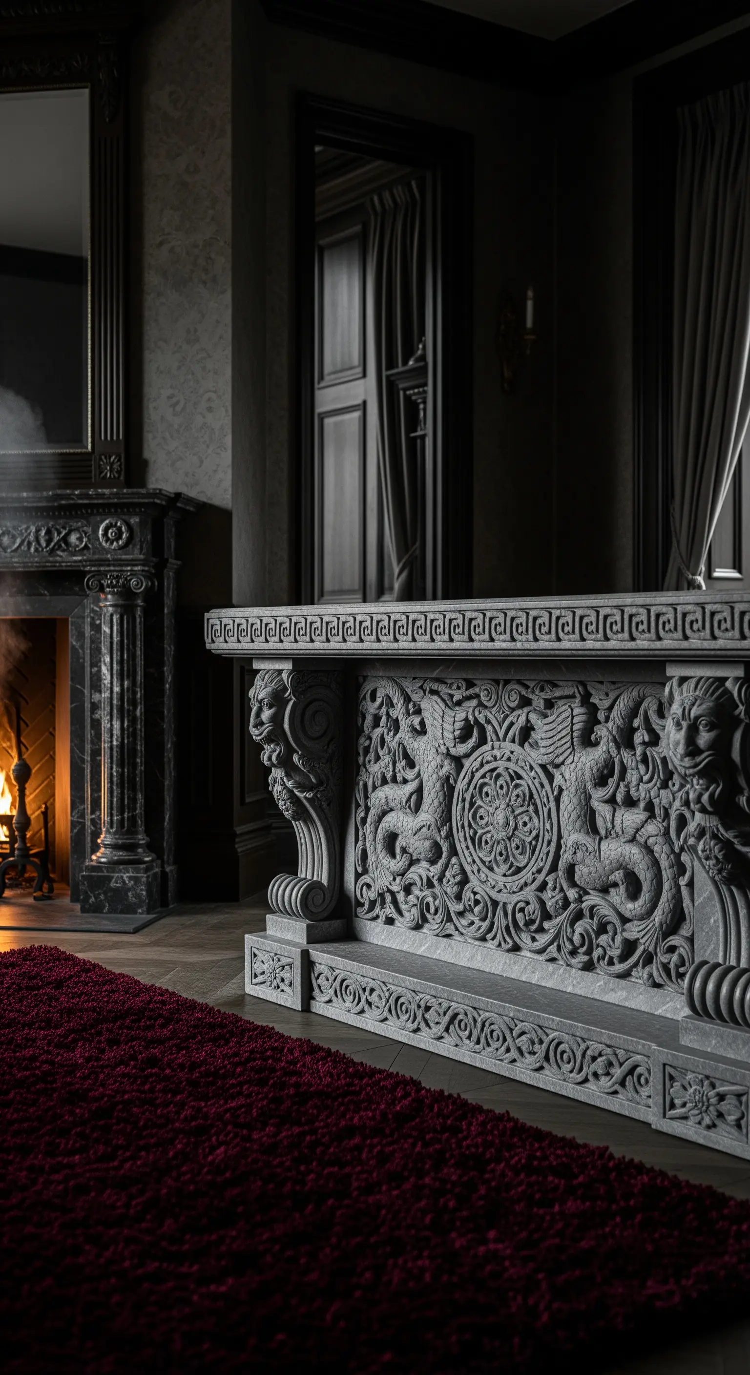 Ornate, geschnitzte Steinkonsole mit barocken Verzierungen neben einem Kamin