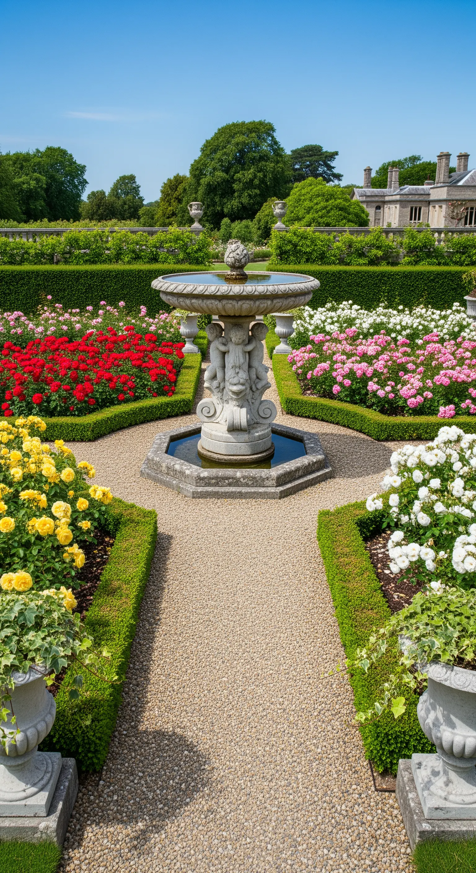 Barocke Säulen-Vogeltränke in einem formalen Rosengarten mit farbigen Beeten