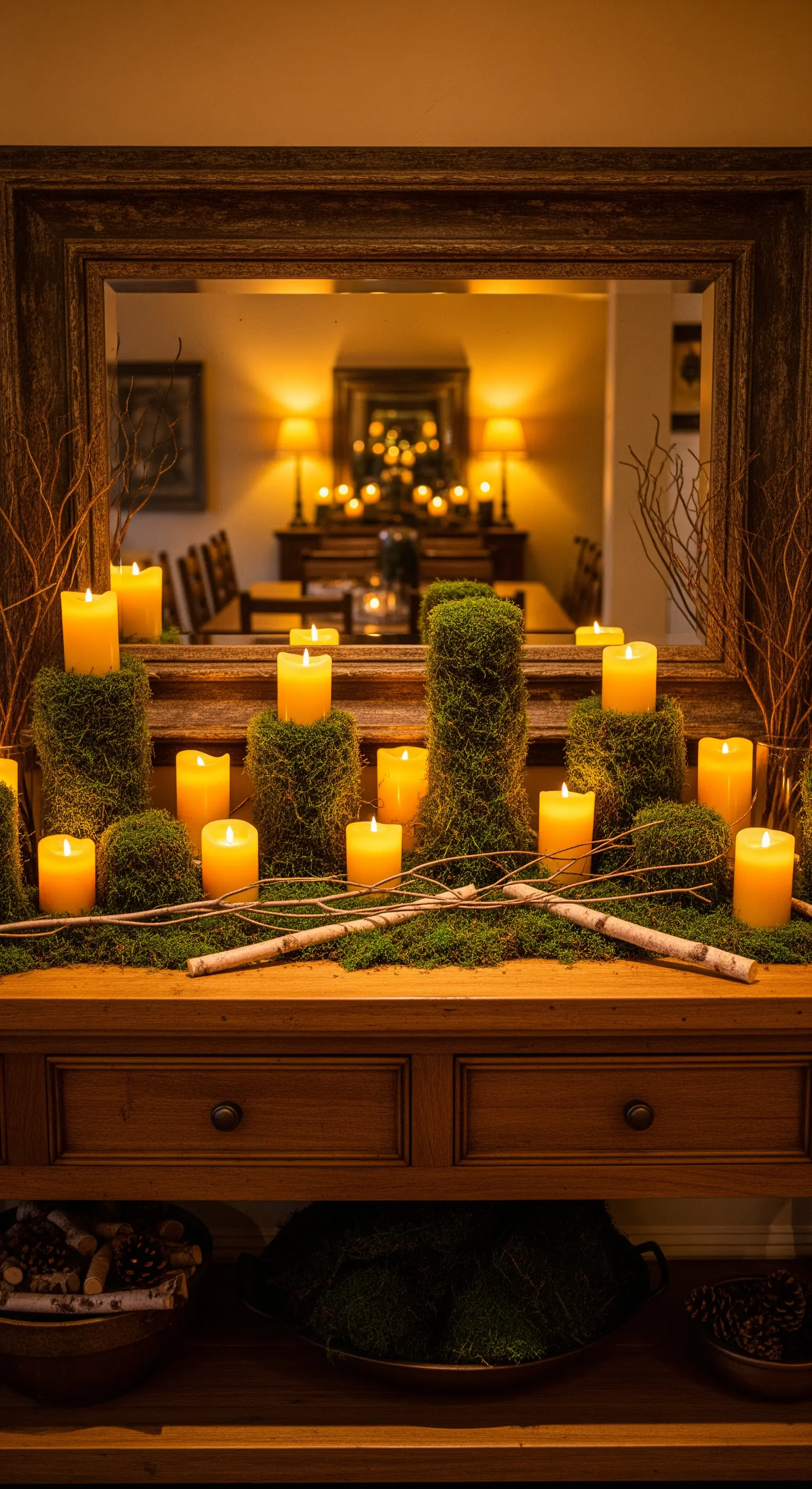 Barocker Spiegel über Konsole mit Moos, Kerzen und Ästen als Deko