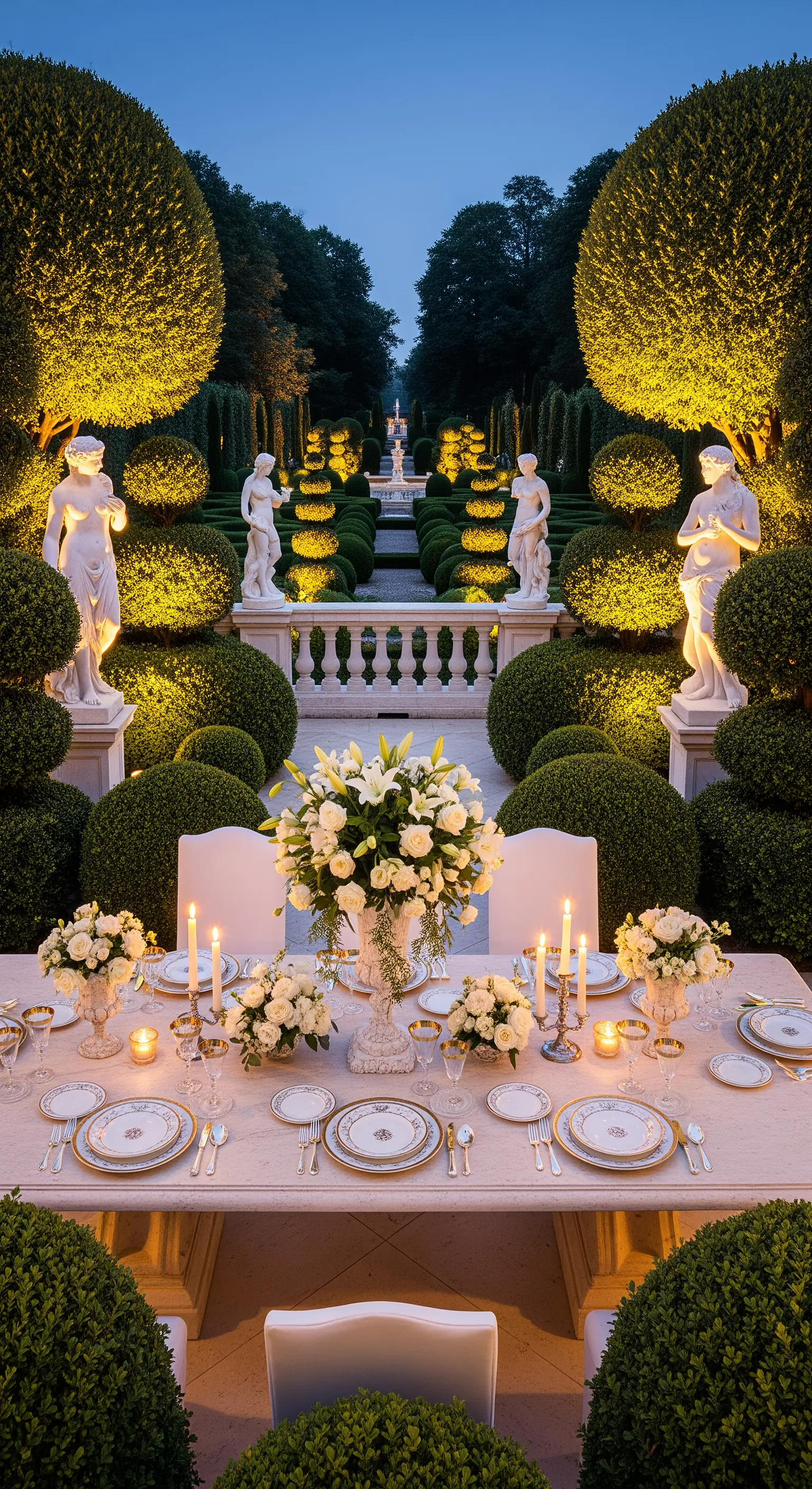 Barocke Tafel im Topiari-Garten mit weißen Blumen, Kerzen und Statuen