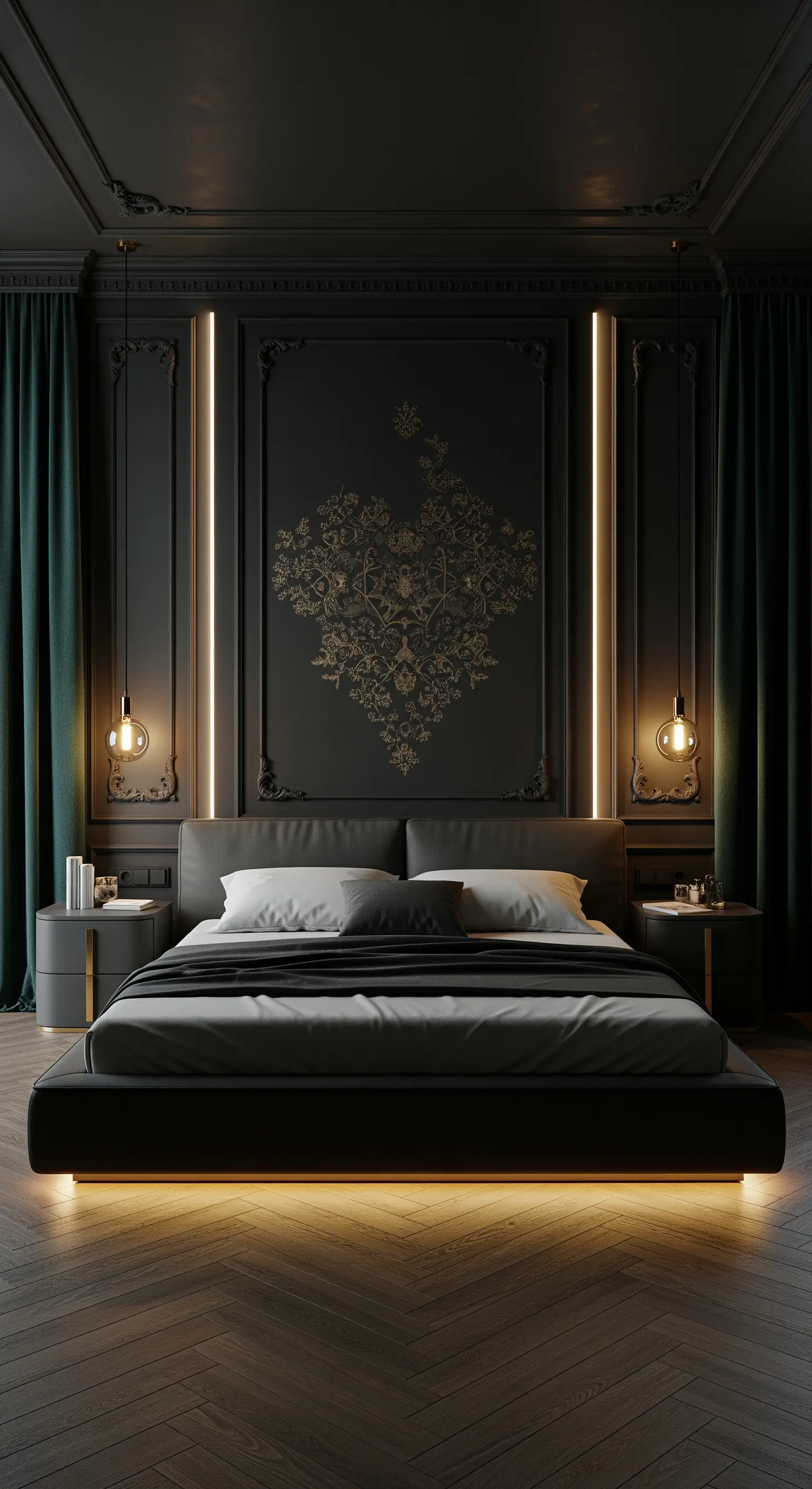 Dramatische schwarze Wand mit goldener Barock-Deko und vertikalen LED-Streifen im Schlafzimmer