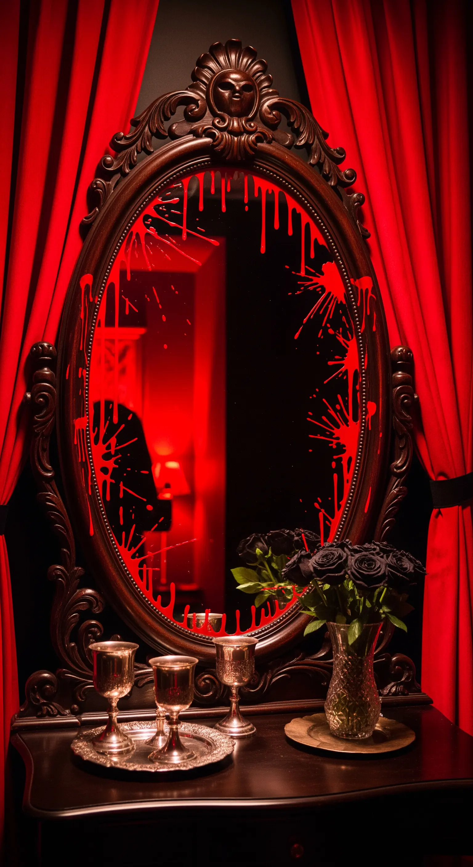 Ornatischer Barockspiegel mit rotem Blutspritzer-Effekt und dunklen Rosen